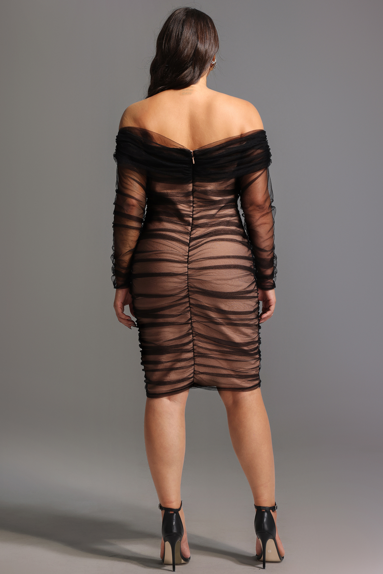 Rowena Ruched Mesh Bandage Midi Dress - Black