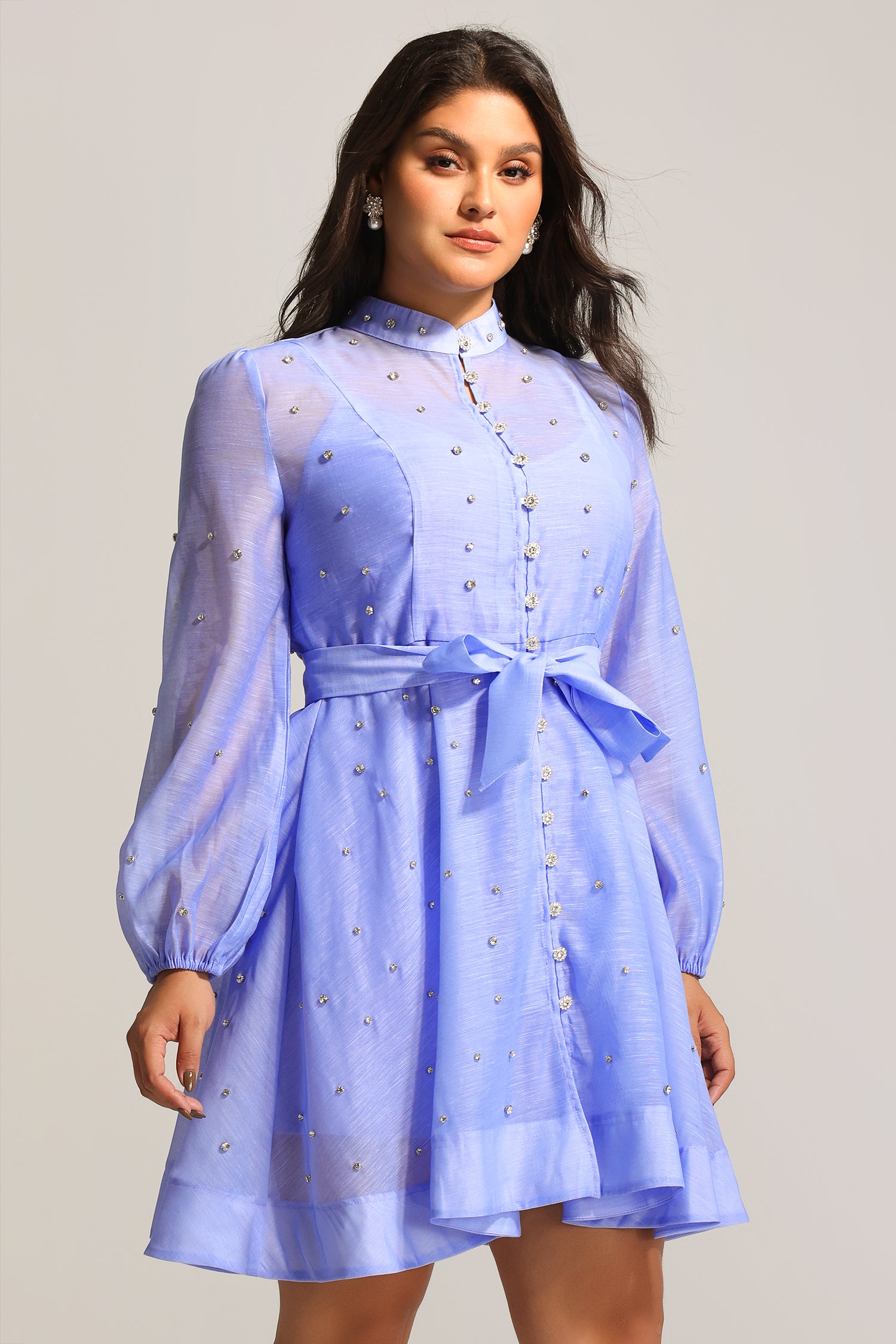 Farrah Long Sleeves Diamond Button Shirt Mini Dress