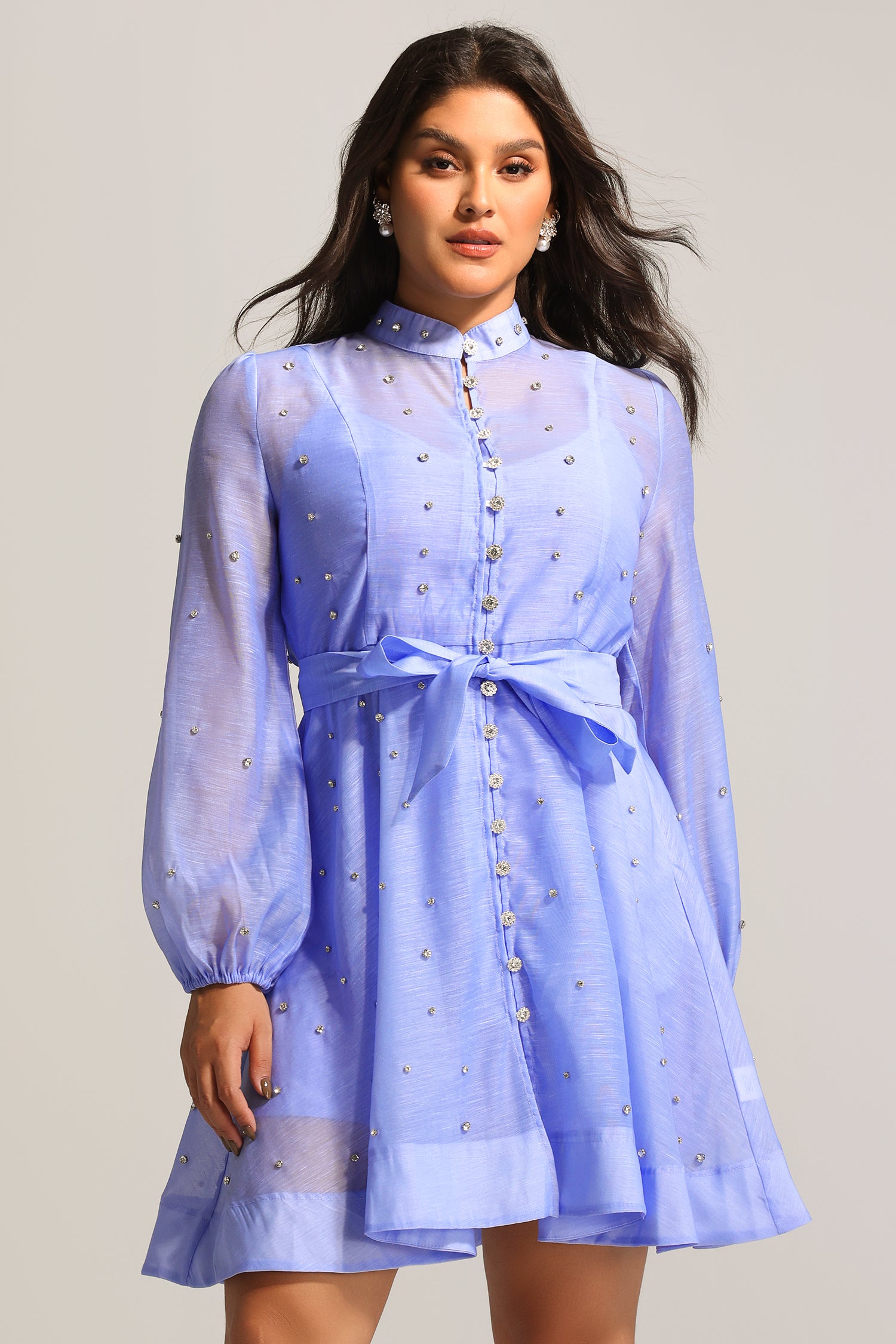 Farrah Long Sleeves Diamond Button Shirt Mini Dress