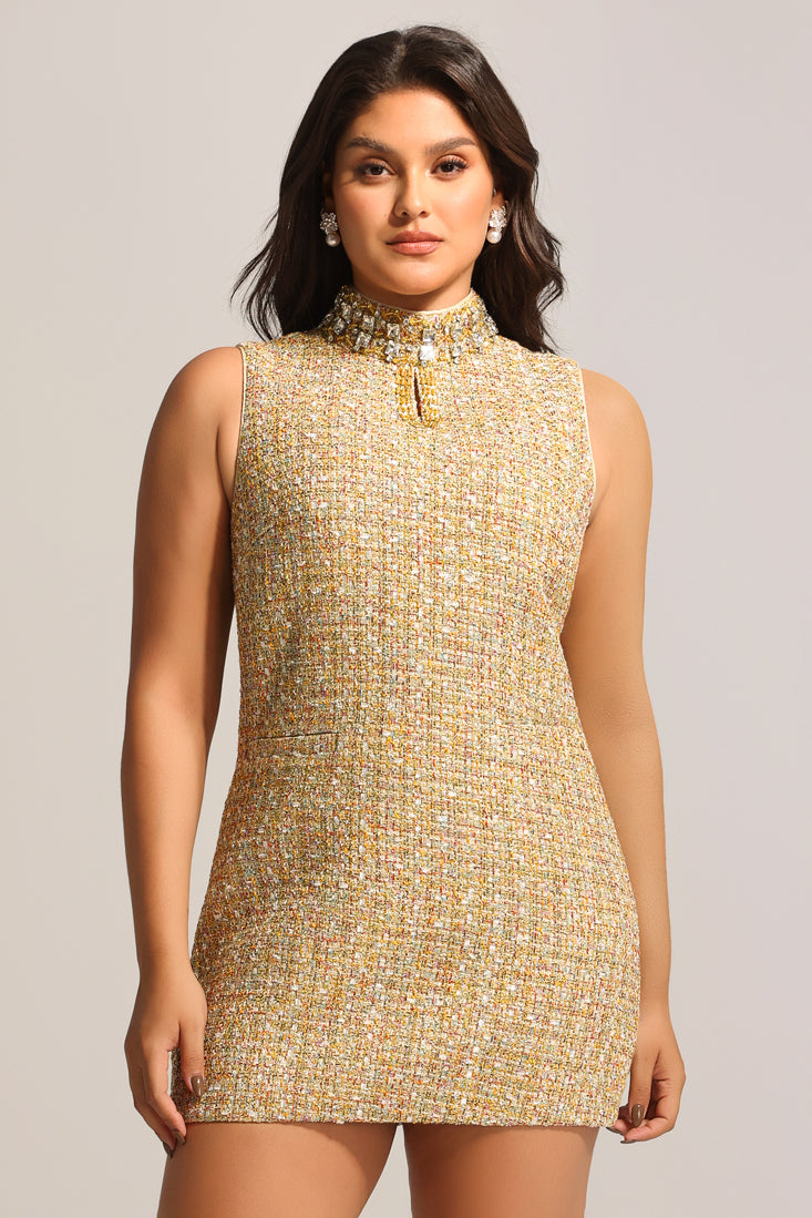 Jillian Diamond Mid-Neck Sleeveless Tweed Mini Dress