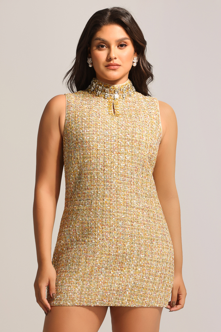 Jillian Diamond Mid-Neck Sleeveless Tweed Mini Dress