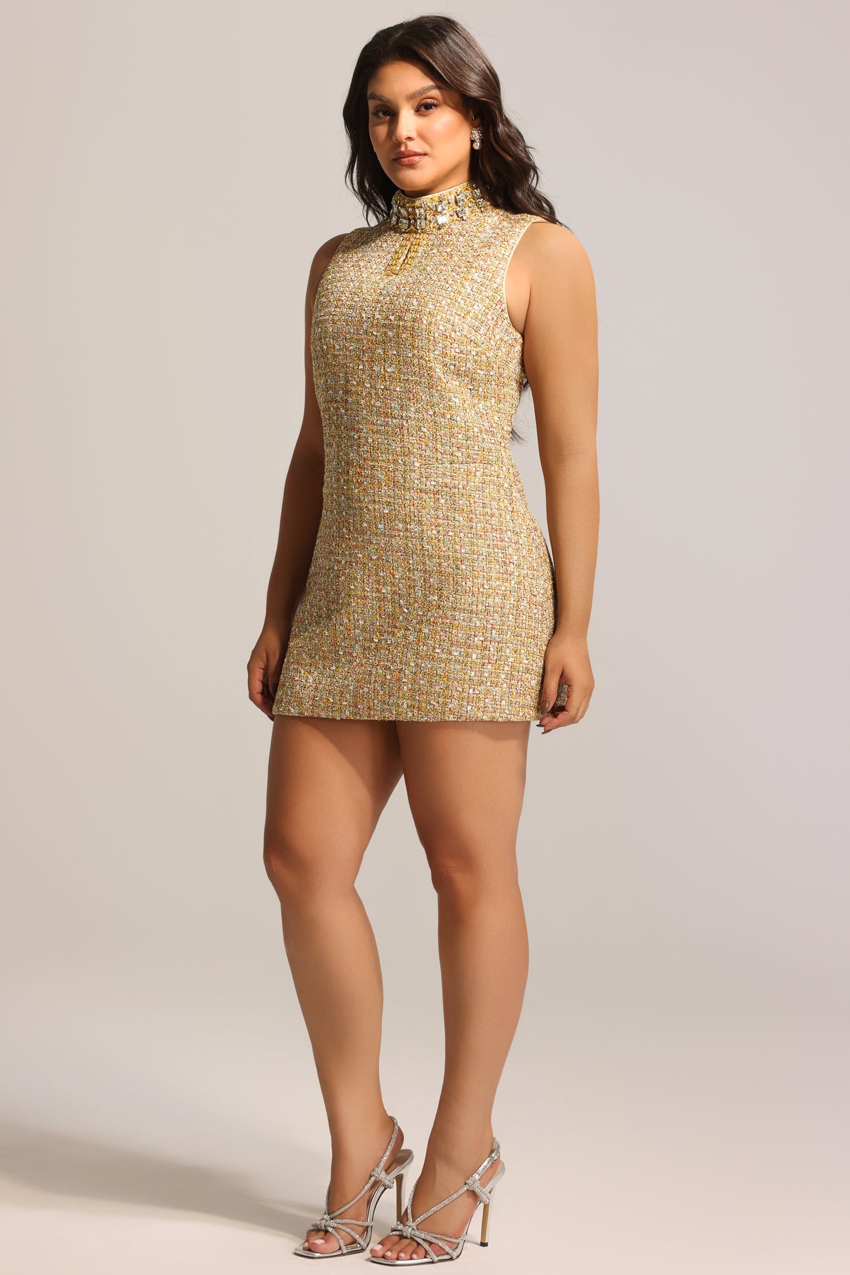 Jillian Diamond Mid-Neck Sleeveless Tweed Mini Dress