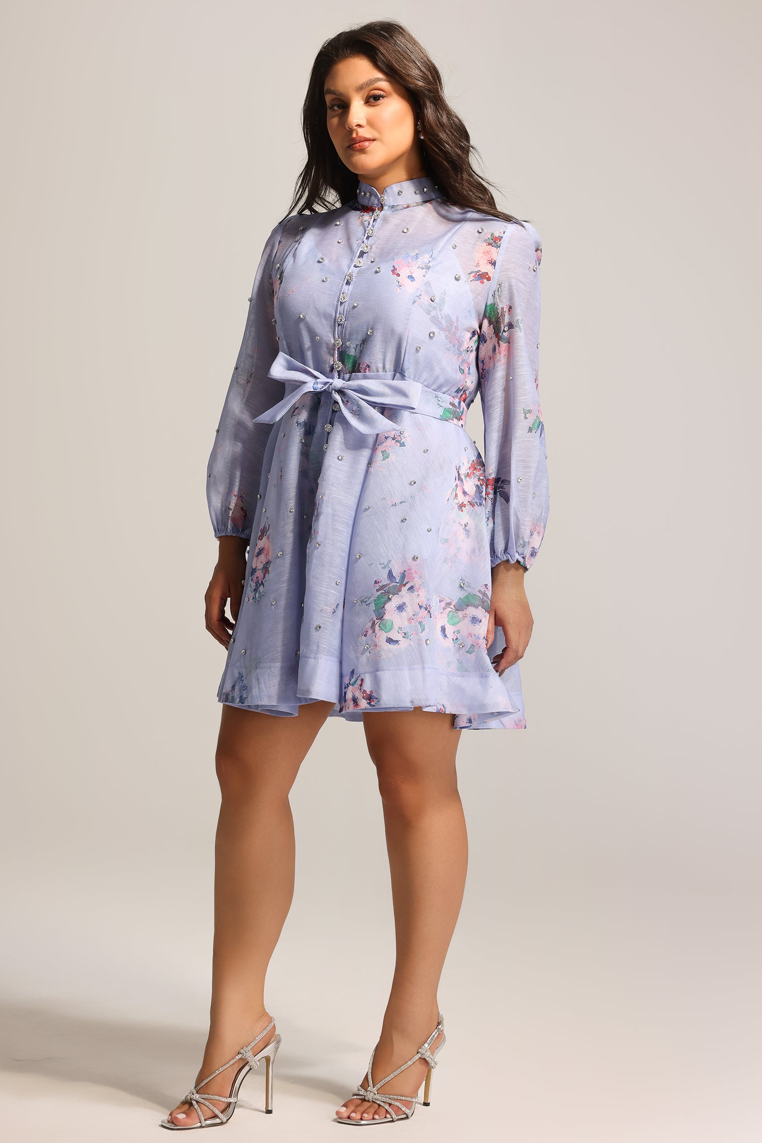 Riza Diamond Floral Printed Long Sleeves Mini Dress