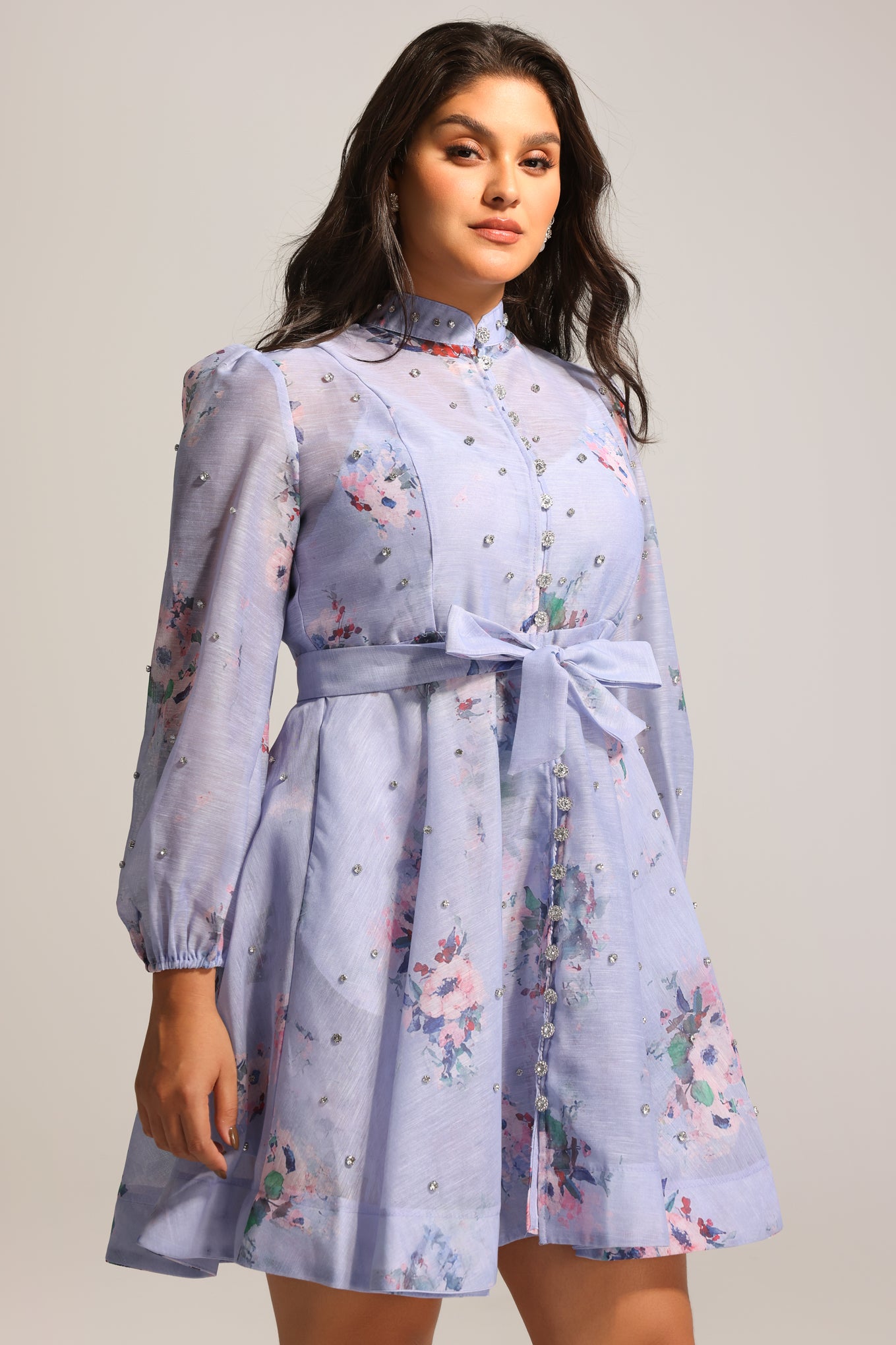 Riza Diamond Floral Printed Long Sleeves Mini Dress