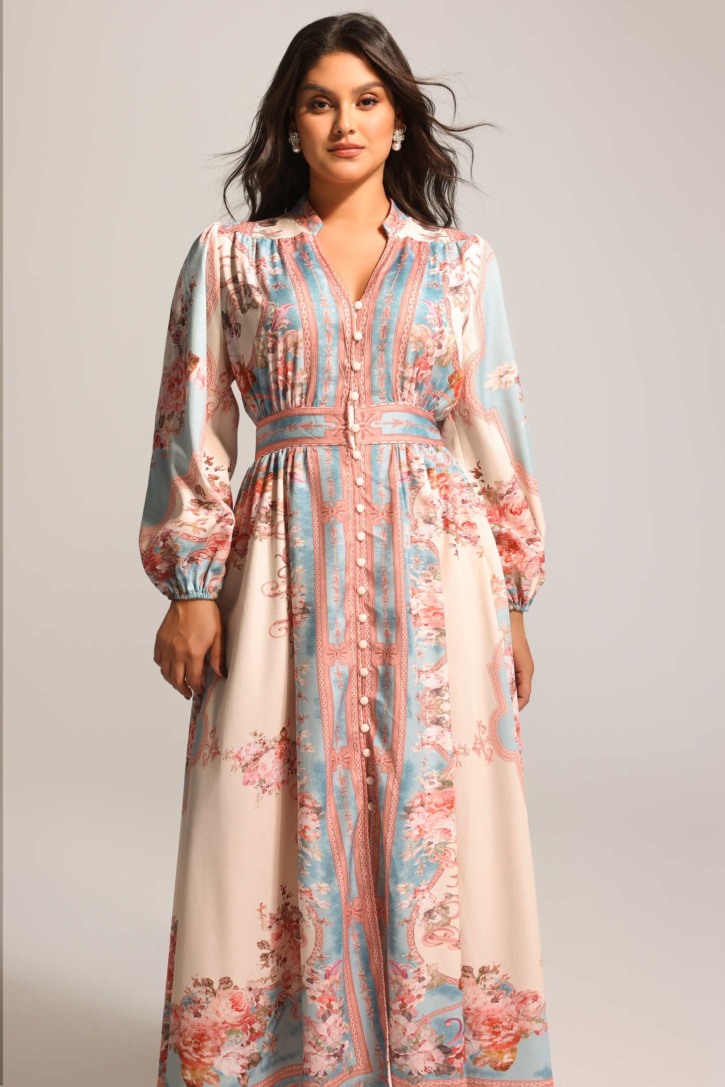 Dorte Long Sleeve Floral Printed Maxi Dress