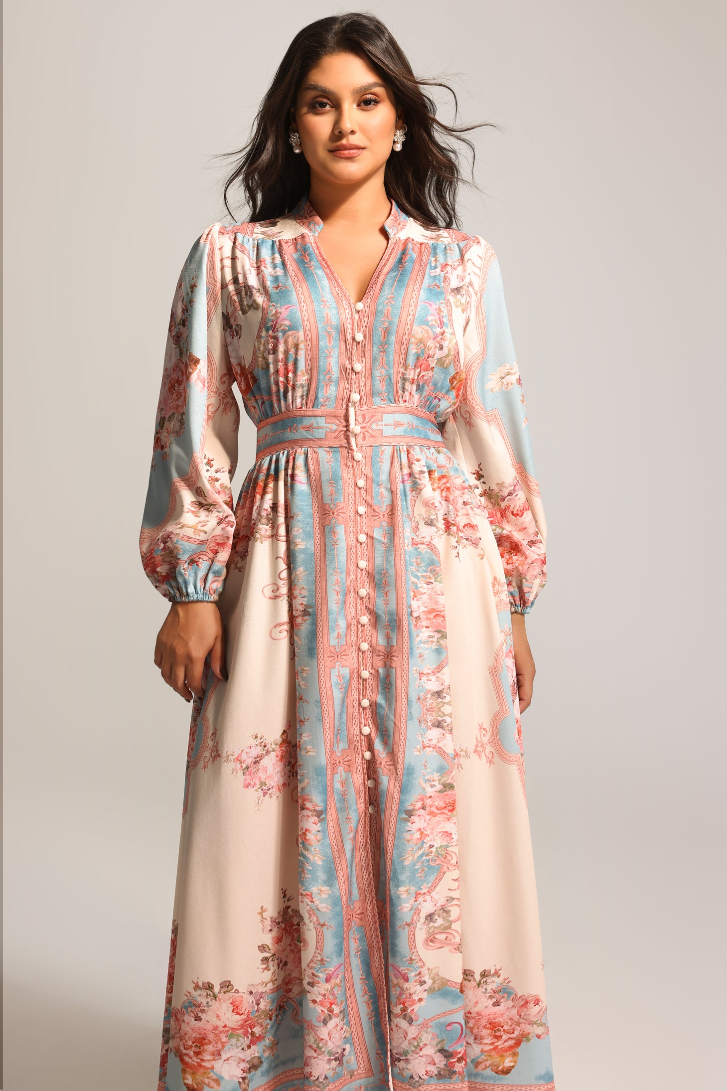 Dorte Long Sleeve Floral Printed Maxi Dress