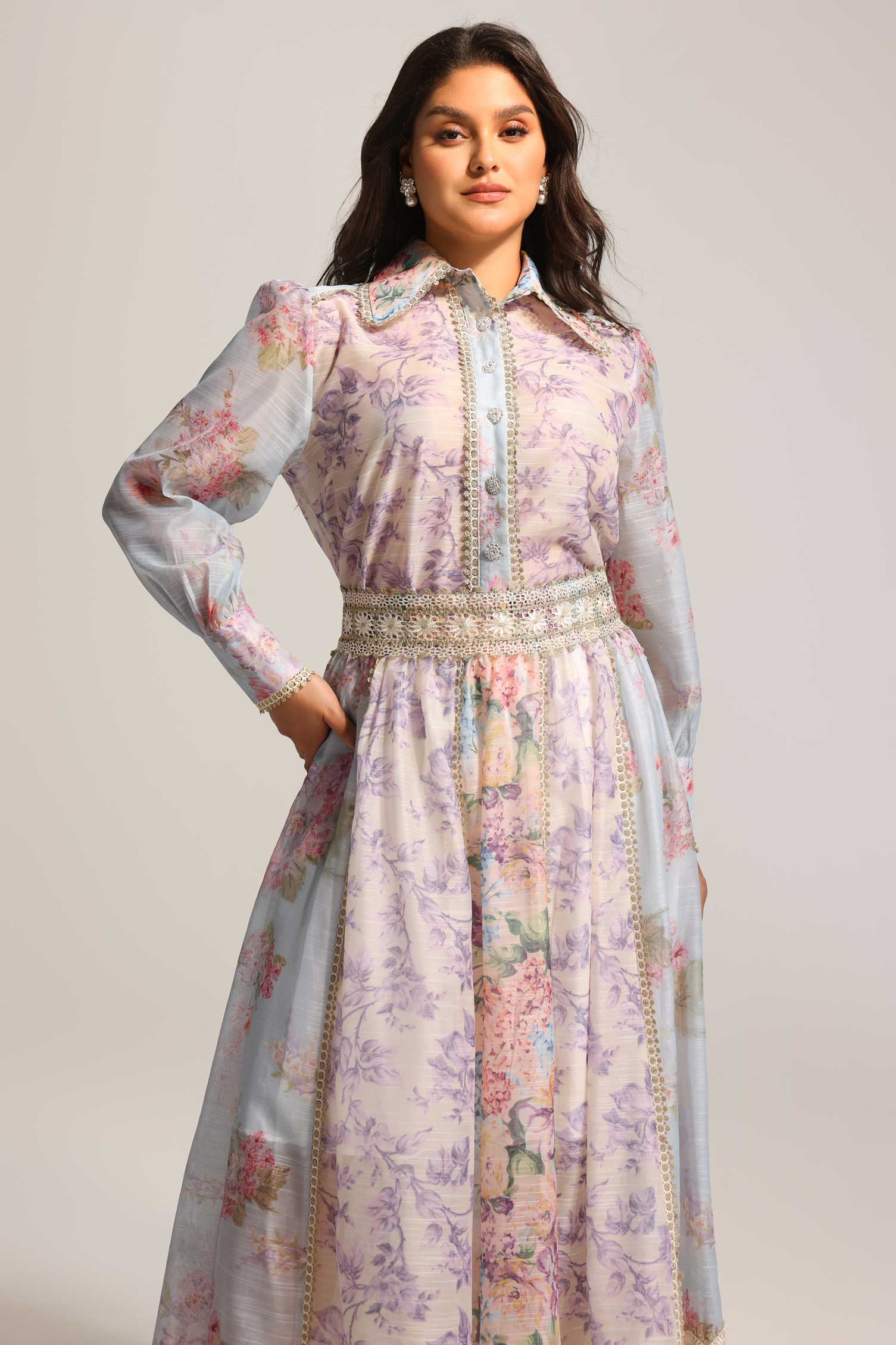 Ruby Long Sleeve Floral Printed Lace Top And Skirt Two-Piece Set