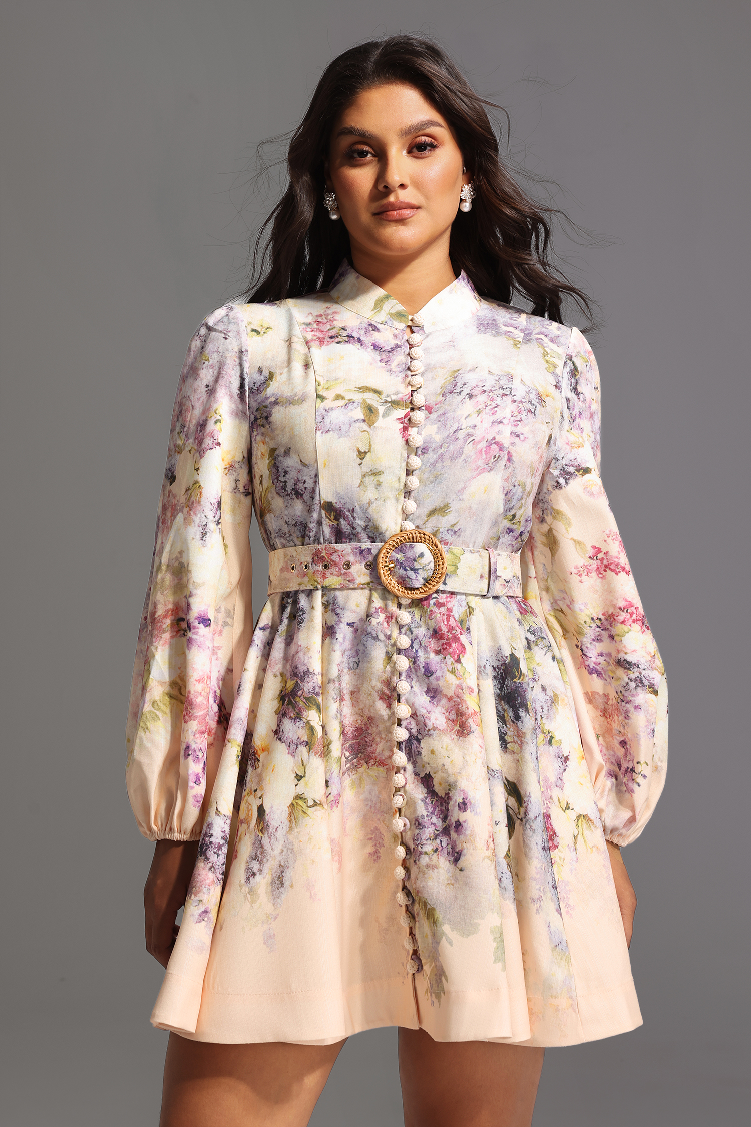 Patti Long Sleeve Floral Printed Mini Dress