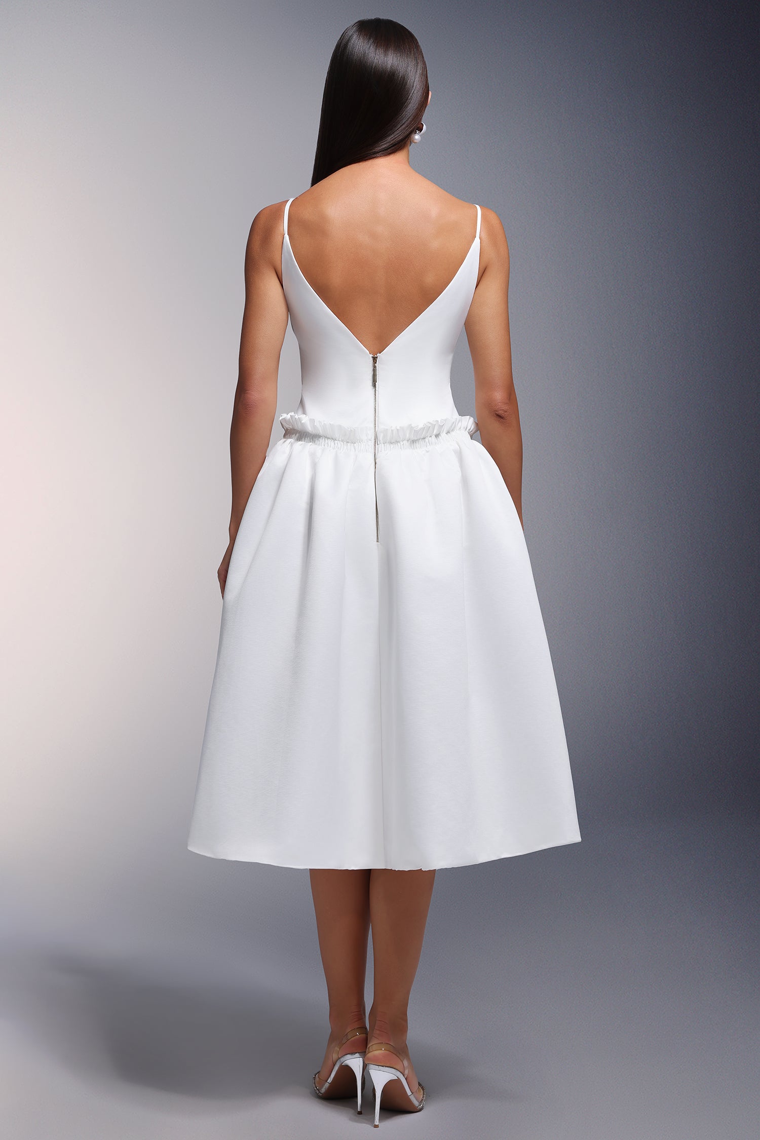 Tutti Deep-V Fold Falbala Midi Dress