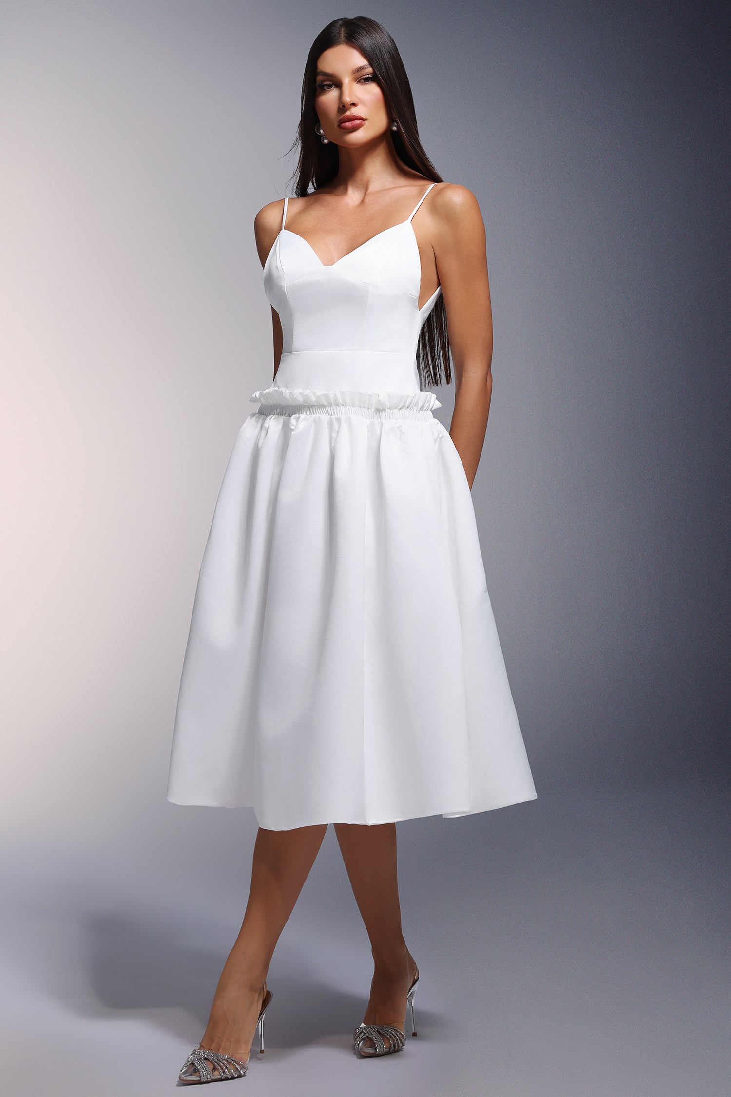 Tutti Deep-V Fold Falbala Midi Dress