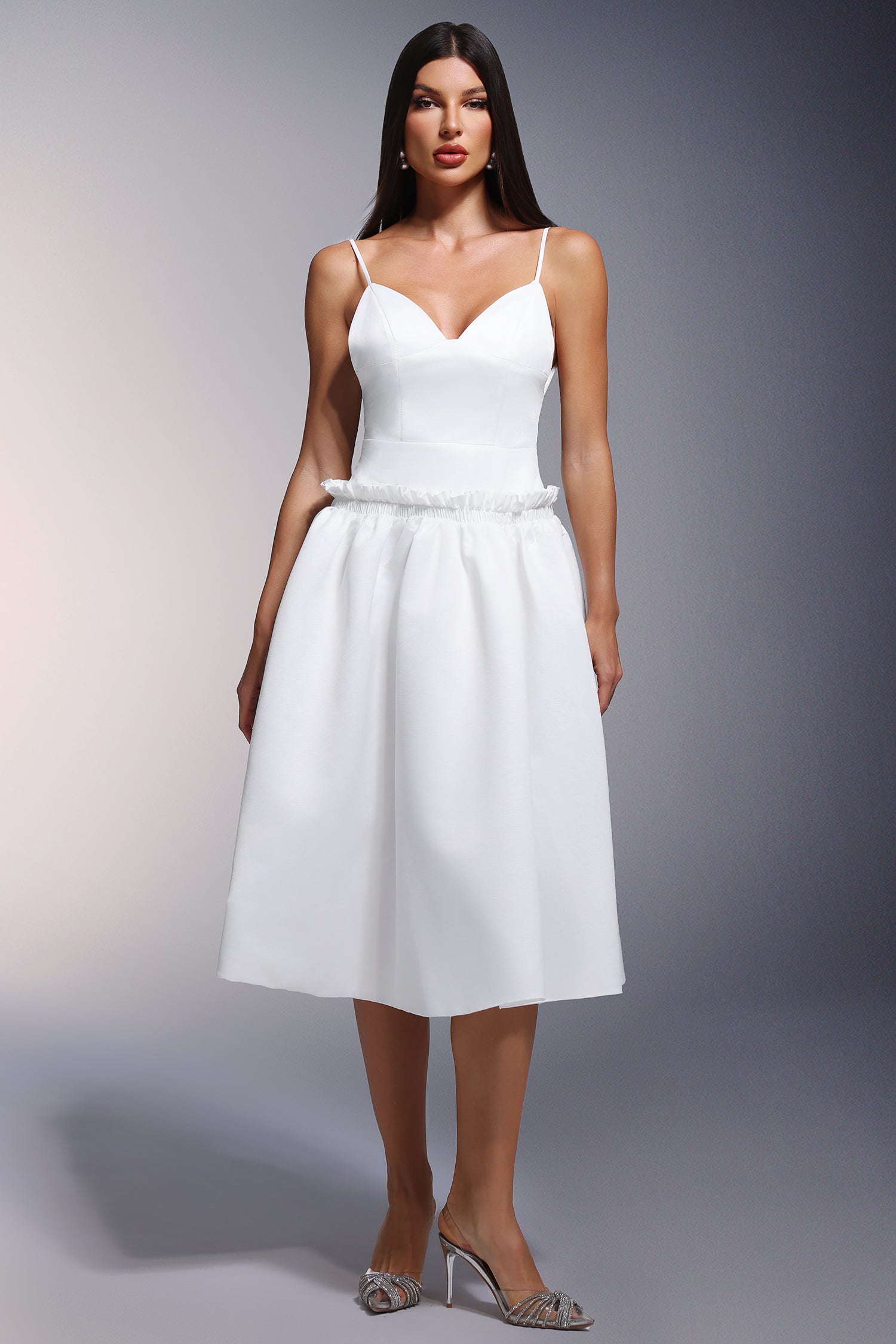 Tutti Deep-V Fold Falbala Midi Dress