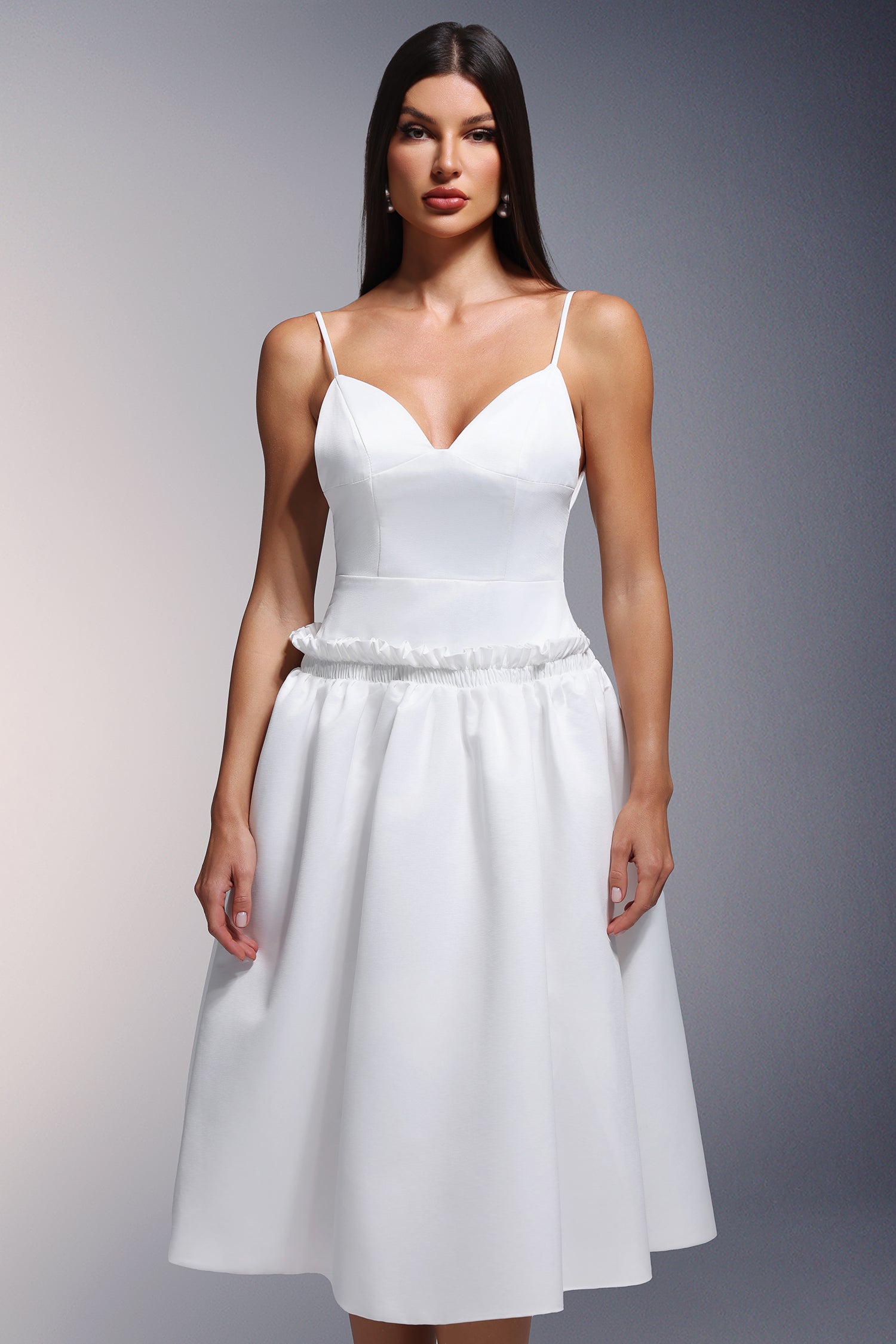 Tutti Deep-V Fold Falbala Midi Dress