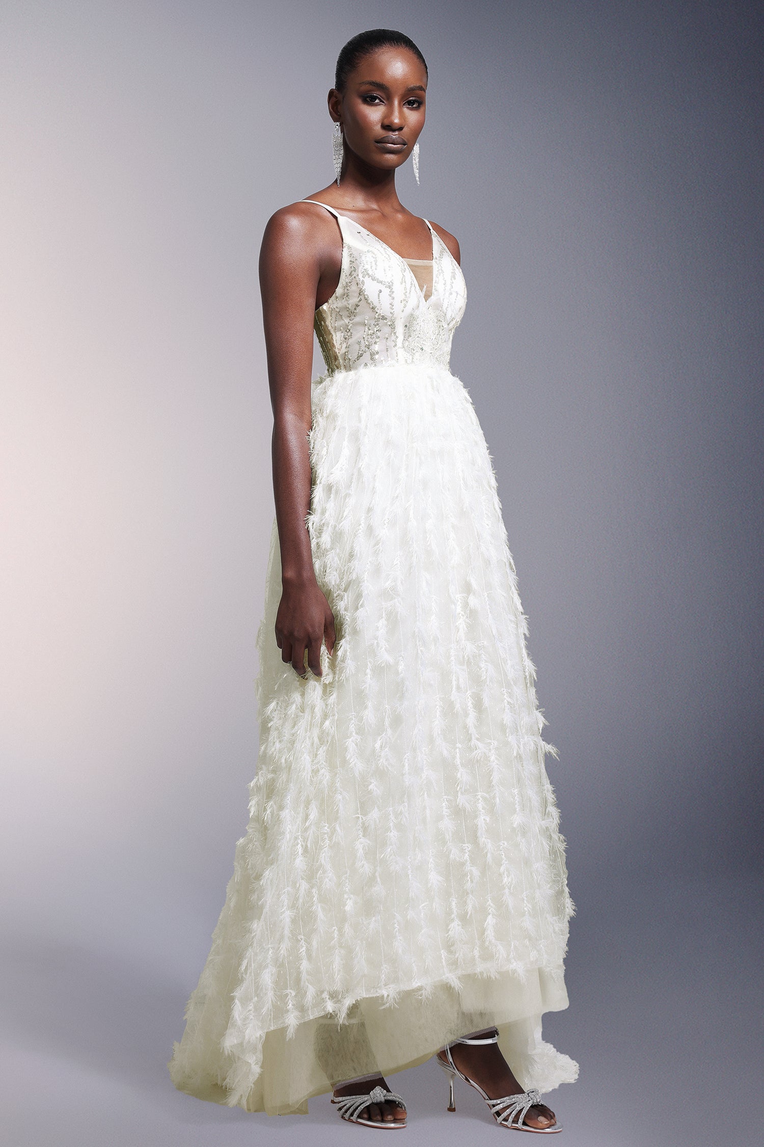 Fennel Sleeveless Sequin Tassels Feather Maxi Dress