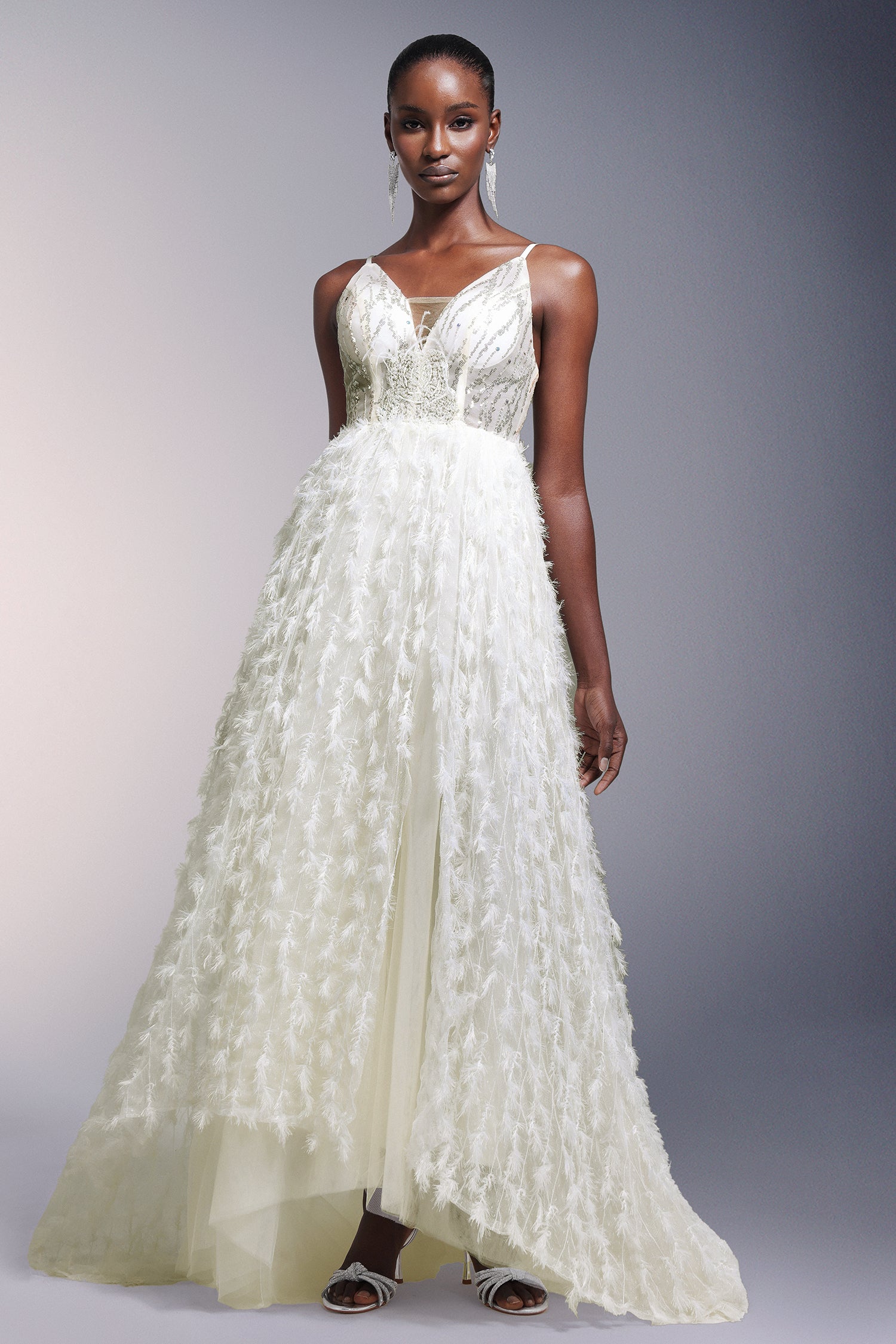 Fennel Sleeveless Sequin Tassels Feather Maxi Dress