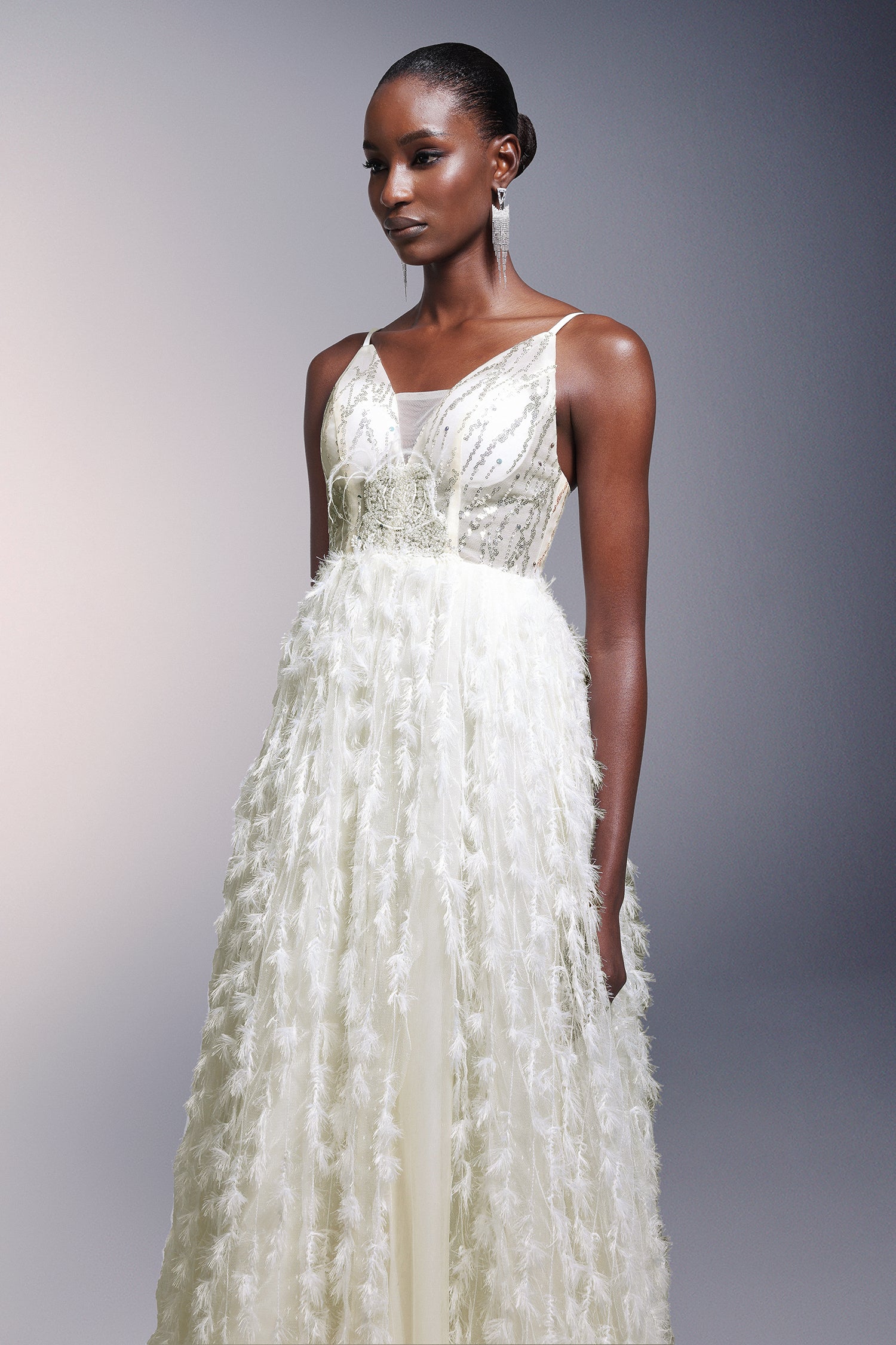 Fennel Sleeveless Sequin Tassels Feather Maxi Dress