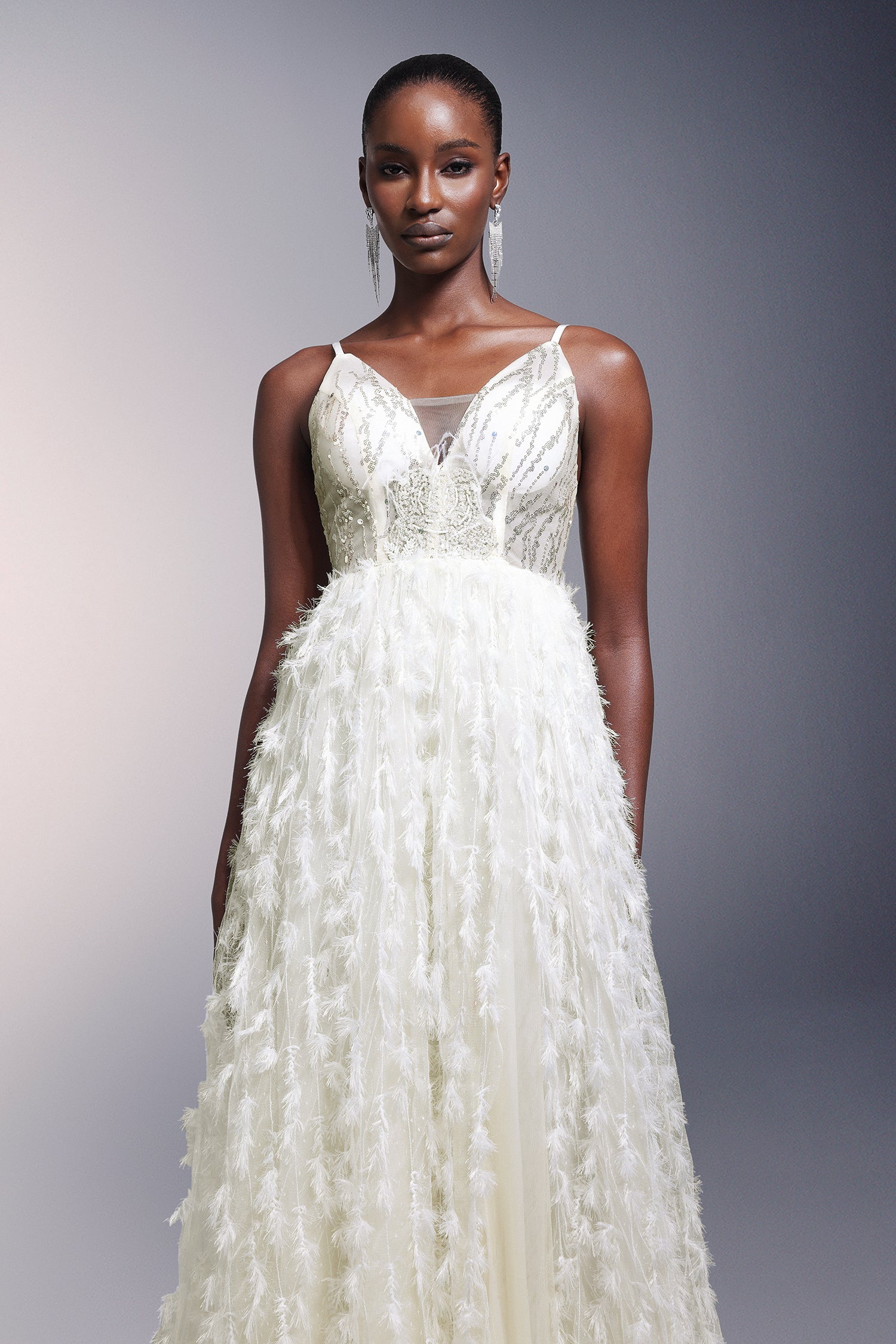 Fennel Sleeveless Sequin Tassels Feather Maxi Dress