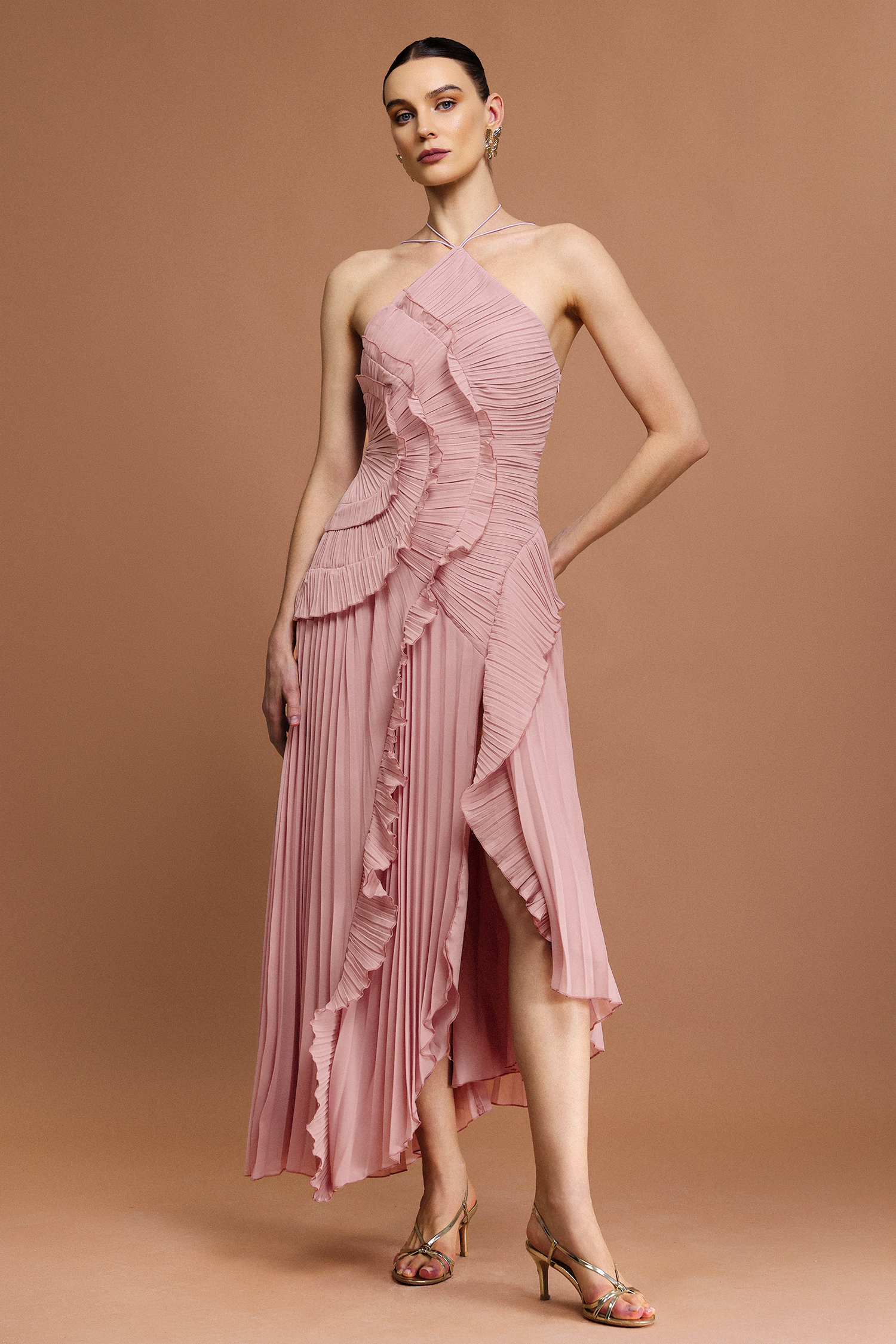 Ravaza Sleeveless Folds Slit Maxi Dress