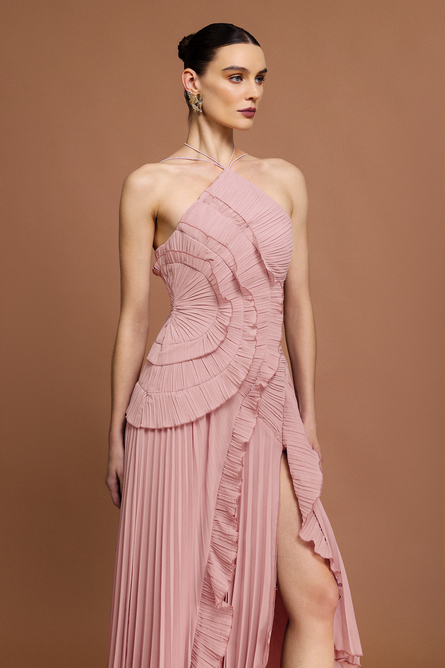 Ravaza Sleeveless Folds Slit Maxi Dress