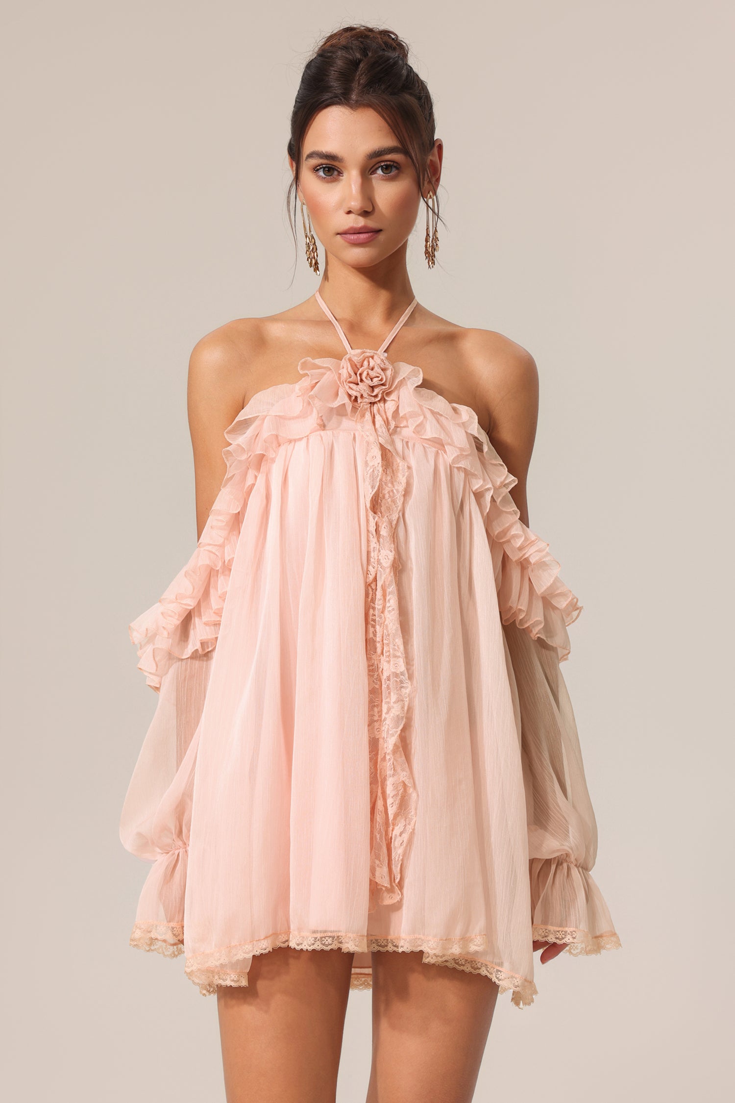 Estella Long Sleeves Flowers Folds Mini Dress