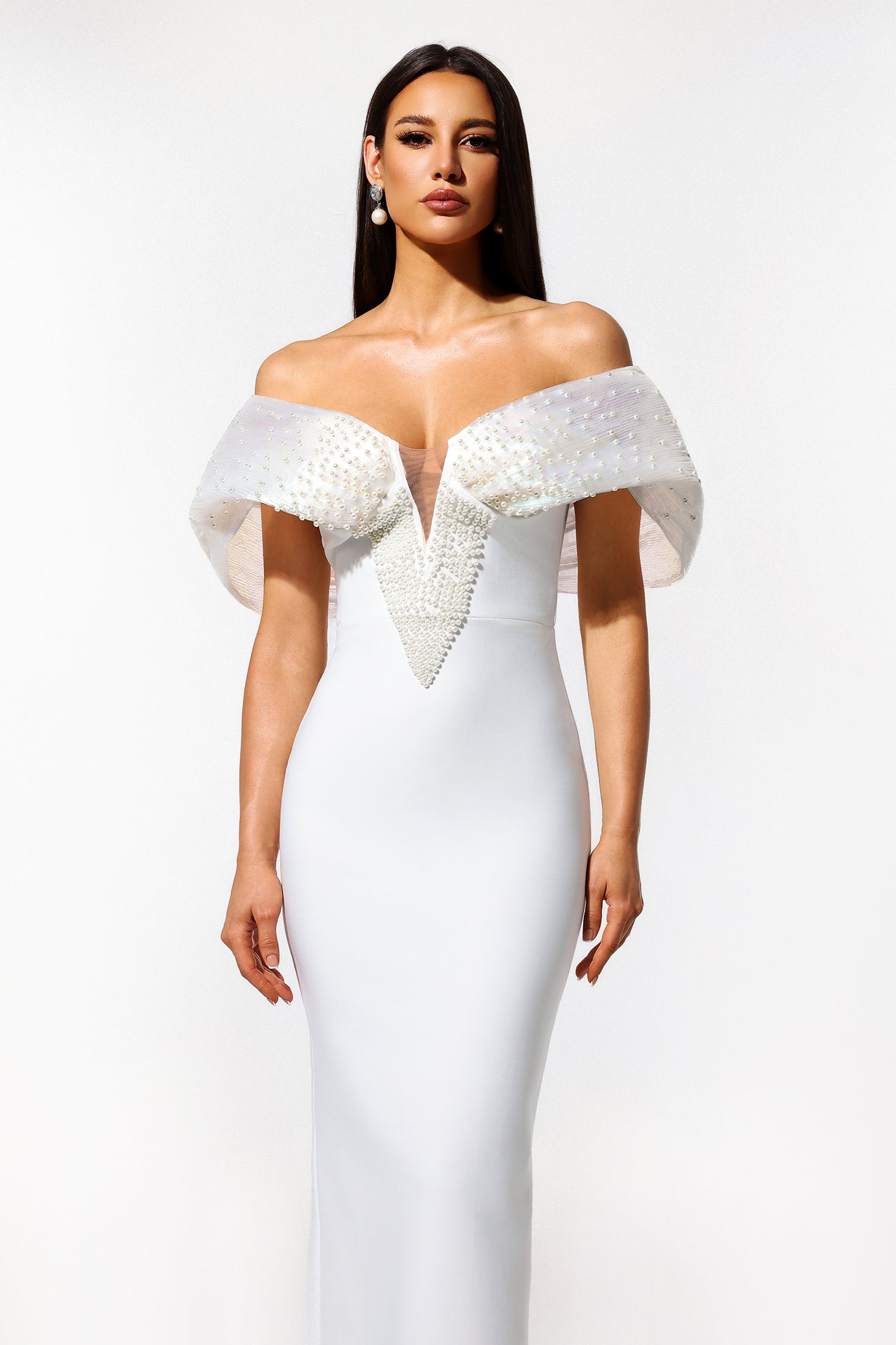 Sharina Off-The-Shoulder Pearl Bandage Maxi Dress