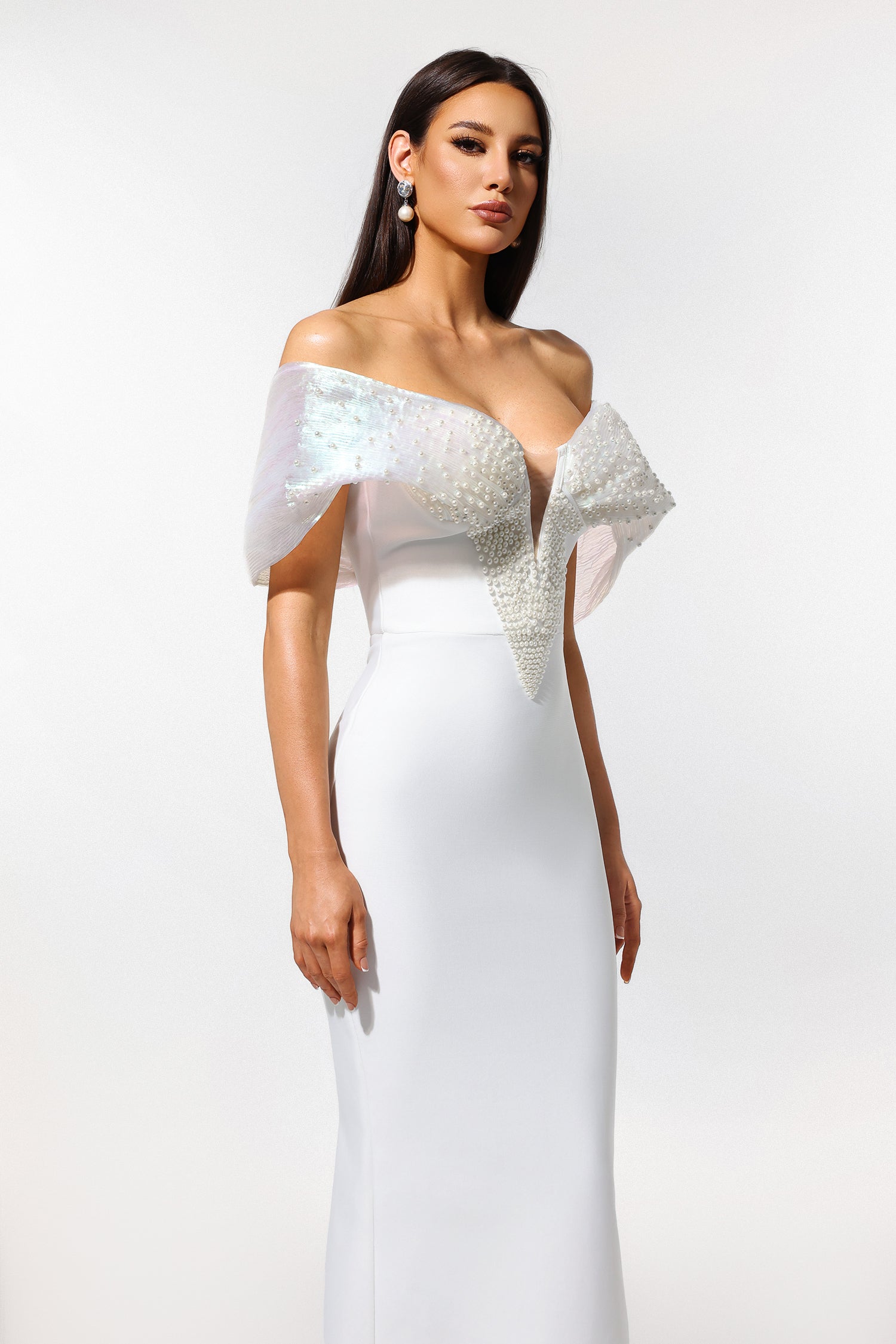 Sharina Off-The-Shoulder Pearl Bandage Maxi Dress