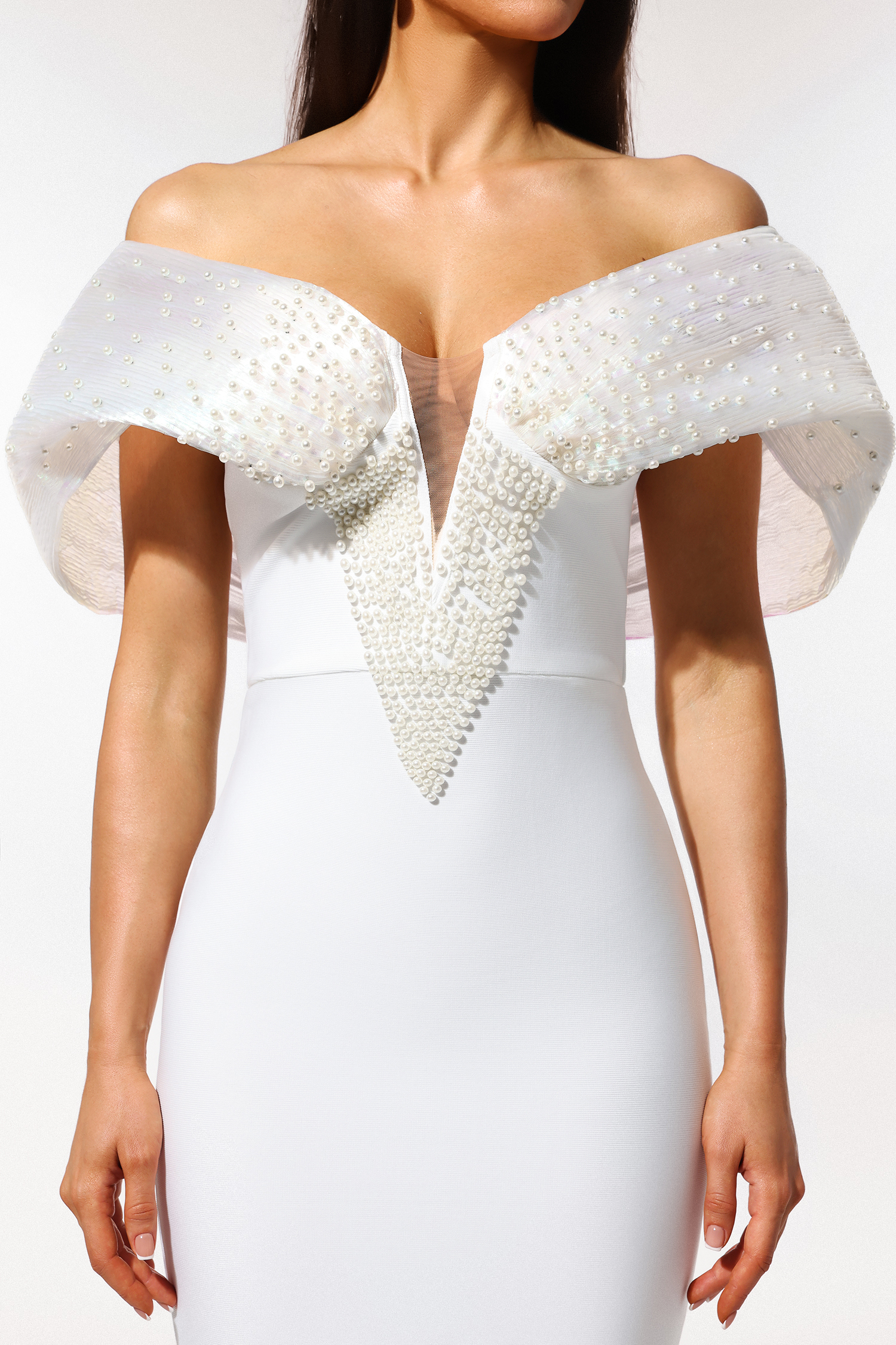 Sharina Off-The-Shoulder Pearl Bandage Maxi Dress