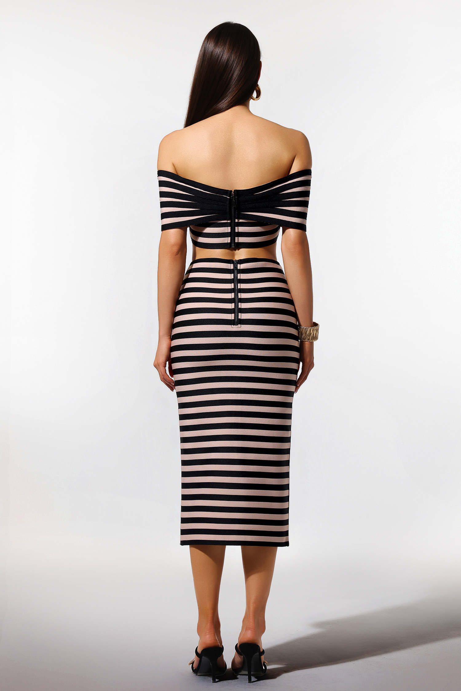 Lalipa Off-The-Shoulder Sleeveless Stripes Bandage Midi Two Piece Set