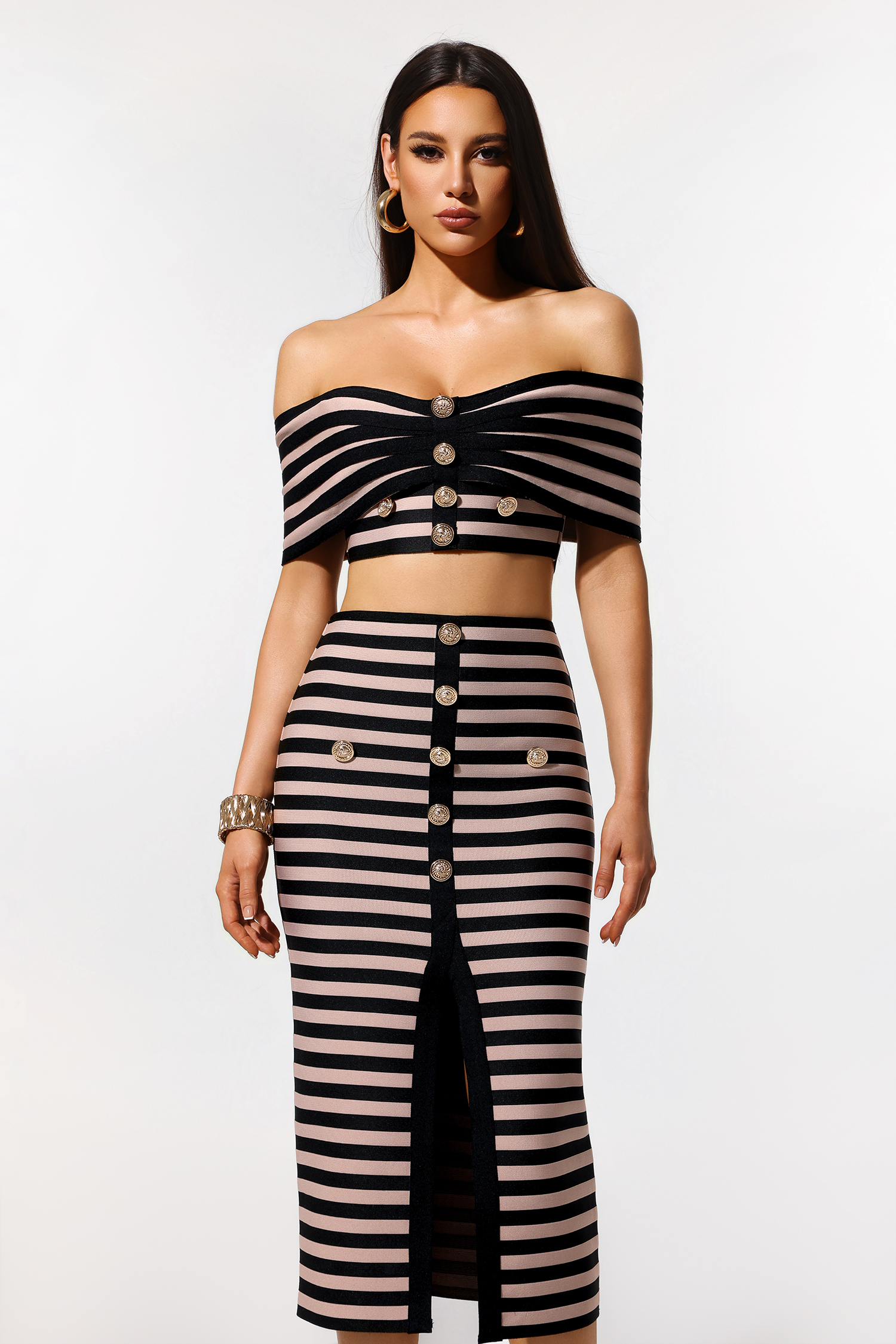 Lalipa Off-The-Shoulder Sleeveless Stripes Bandage Midi Two Piece Set