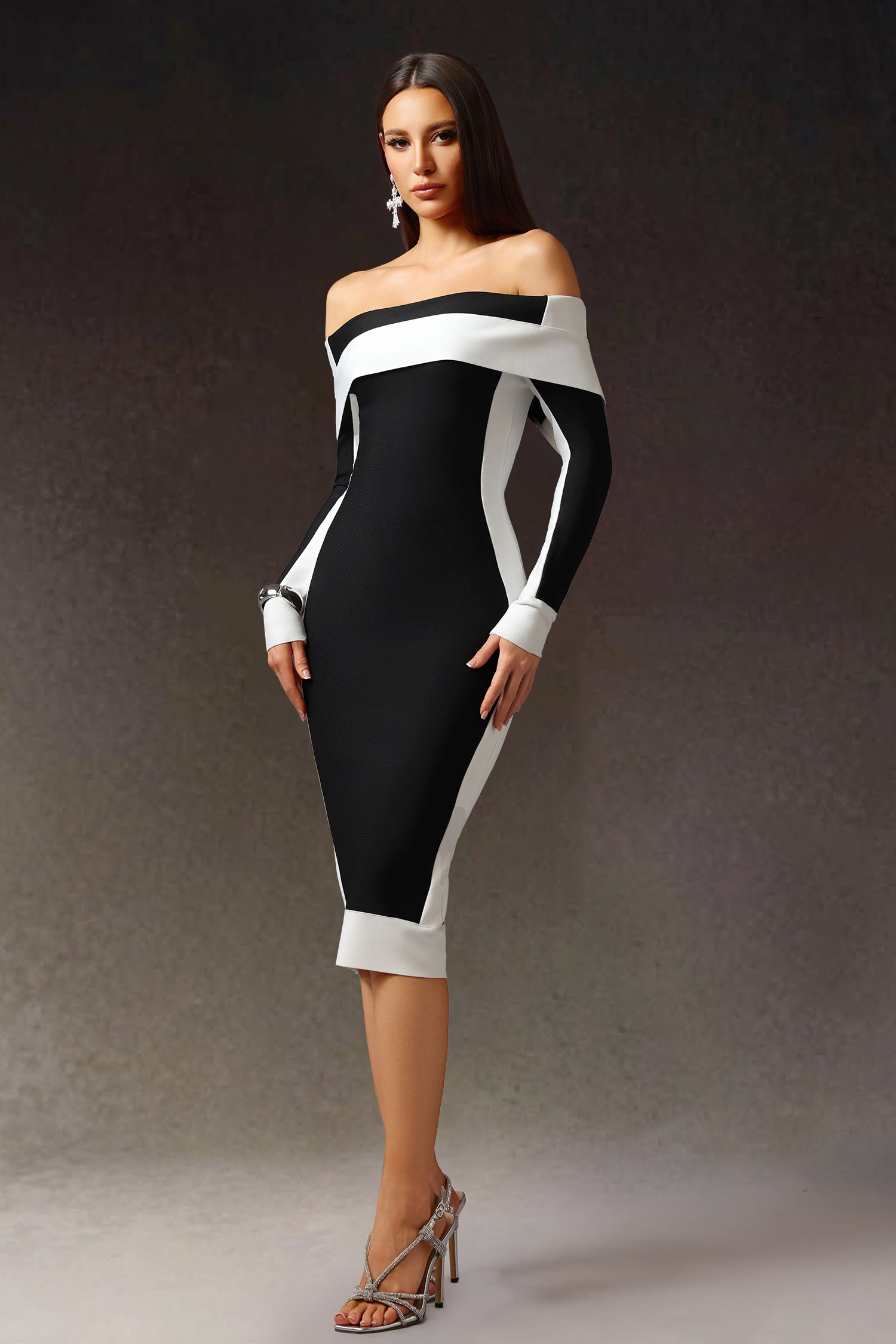 Mattey Off-The-Shoulder Long Sleeves Stripes Bandage Midi Dress
