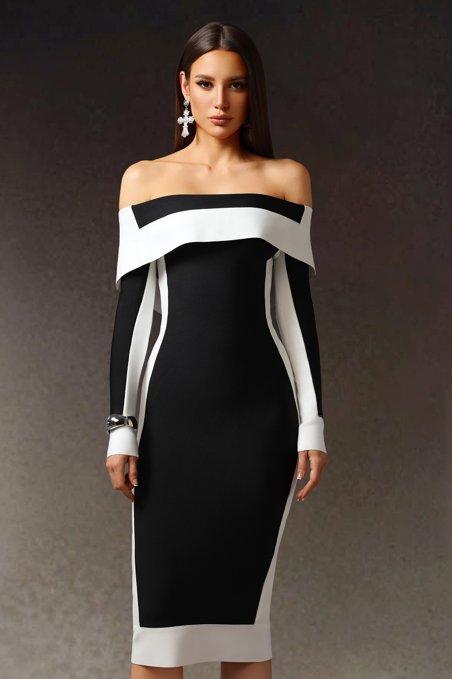 Mattey Off-The-Shoulder Long Sleeves Stripes Bandage Midi Dress
