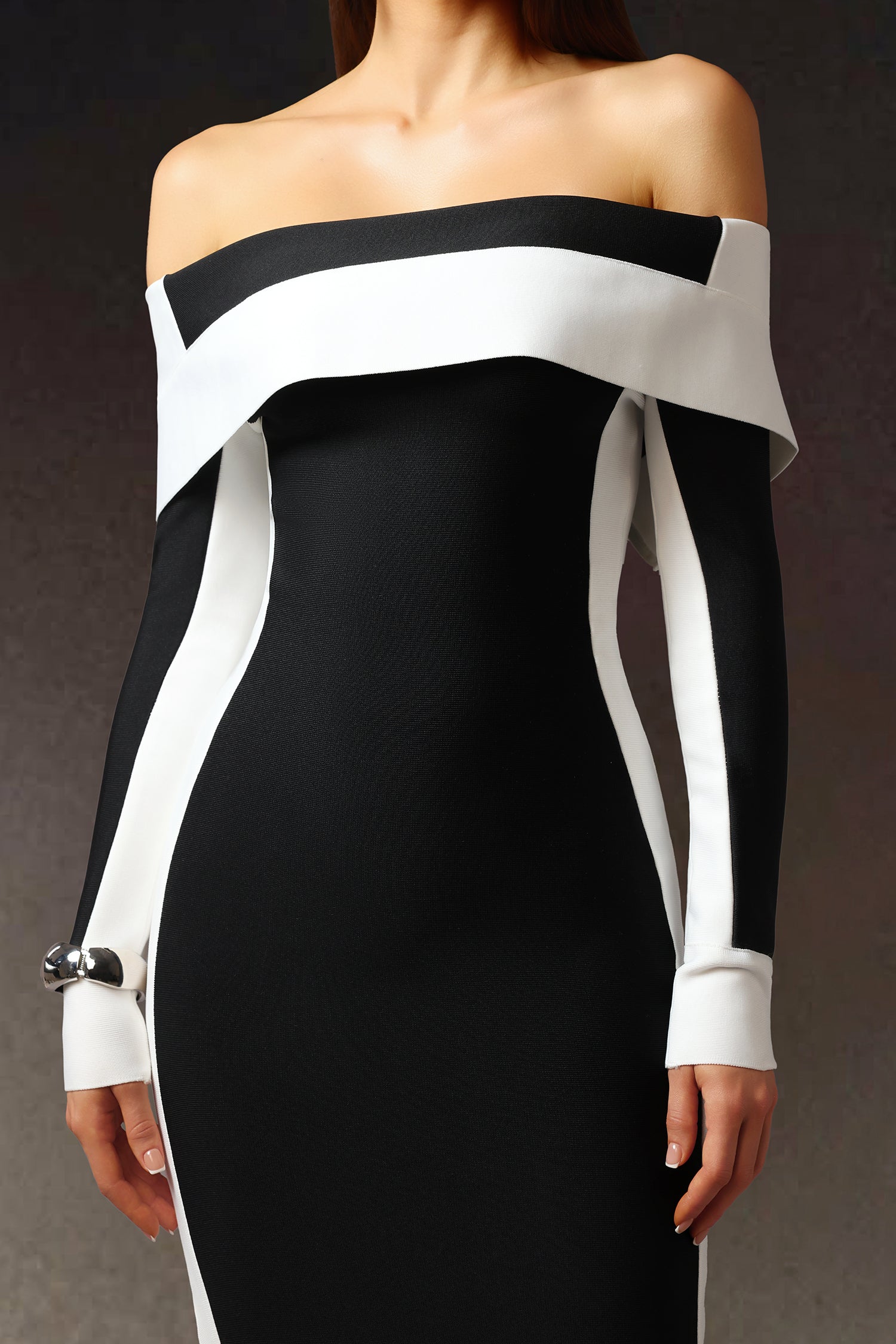 Mattey Off-The-Shoulder Long Sleeves Stripes Bandage Midi Dress