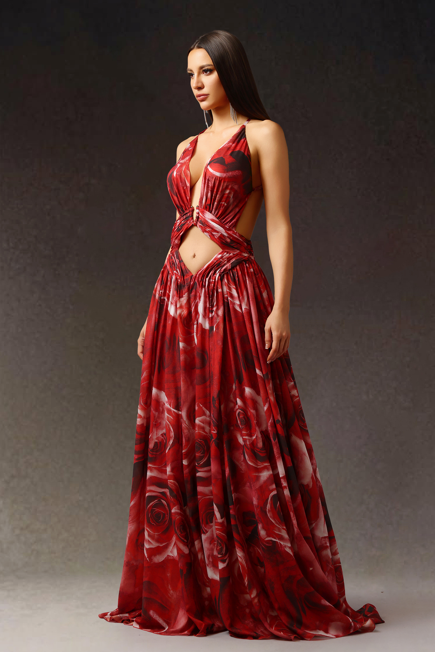 Zem Halter Sleeveless Pearl V-Neck Hollowed Out Print Slit Maxi Dress