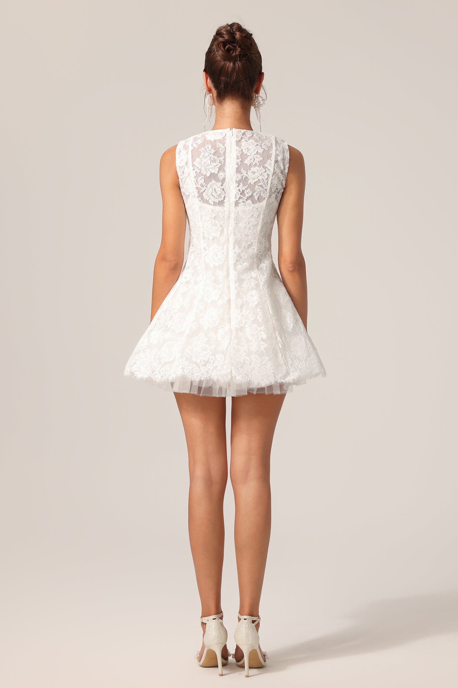 Sergio Round Neck Sleeveless Flowers Lace Bowknot Mini Dress