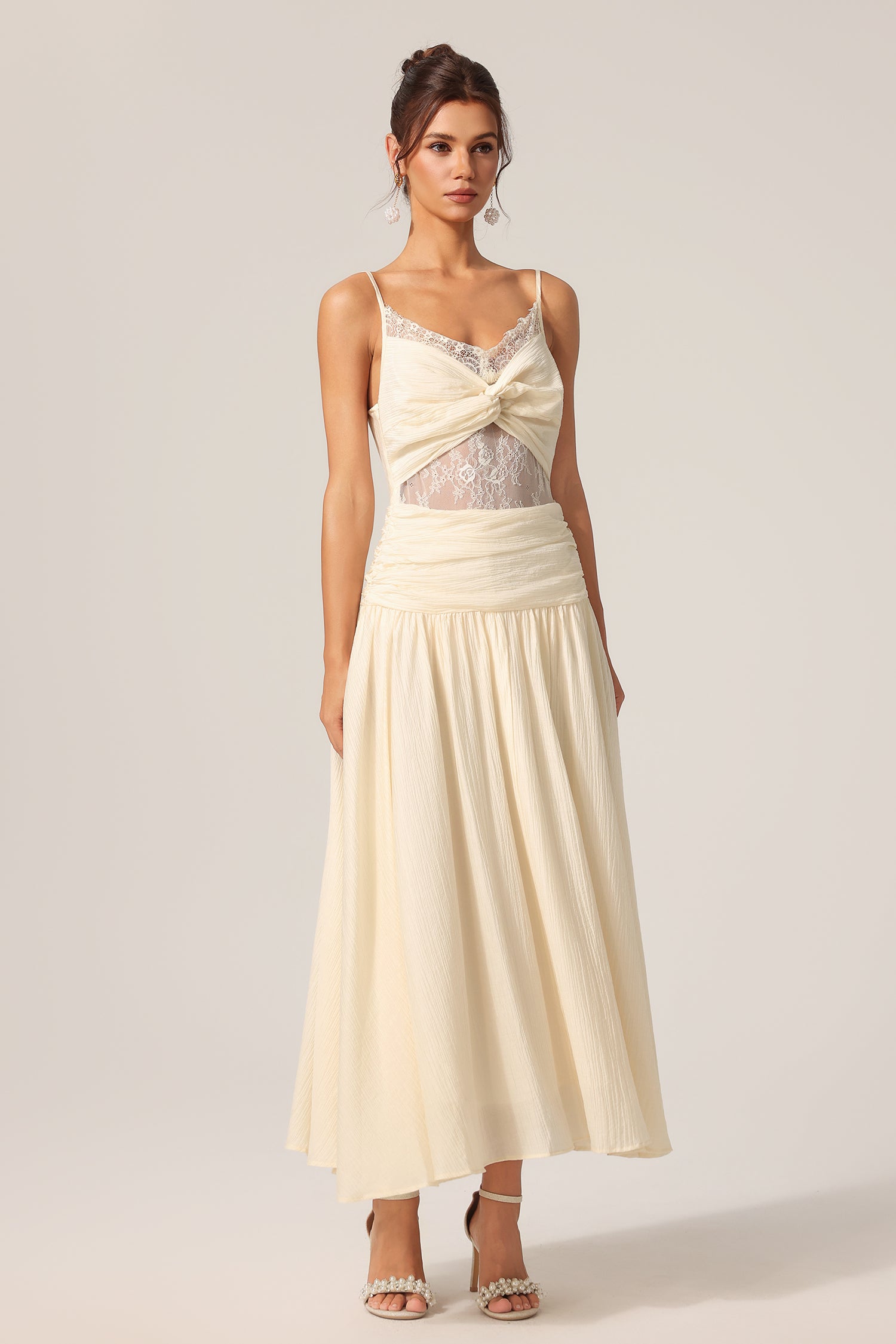 Poppy Halter Folds Flowers Lace Maxi Dress