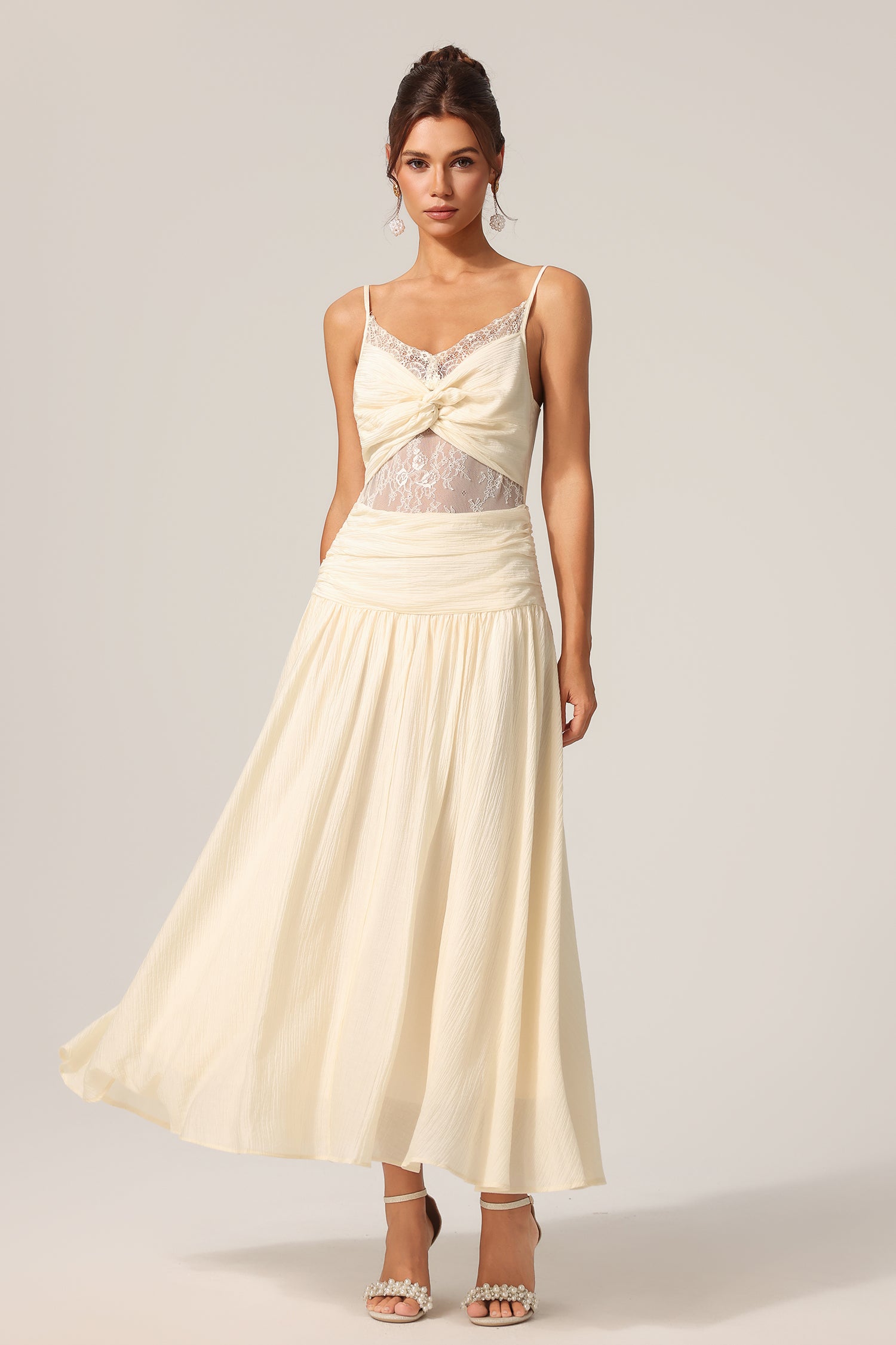 Poppy Halter Folds Flowers Lace Maxi Dress