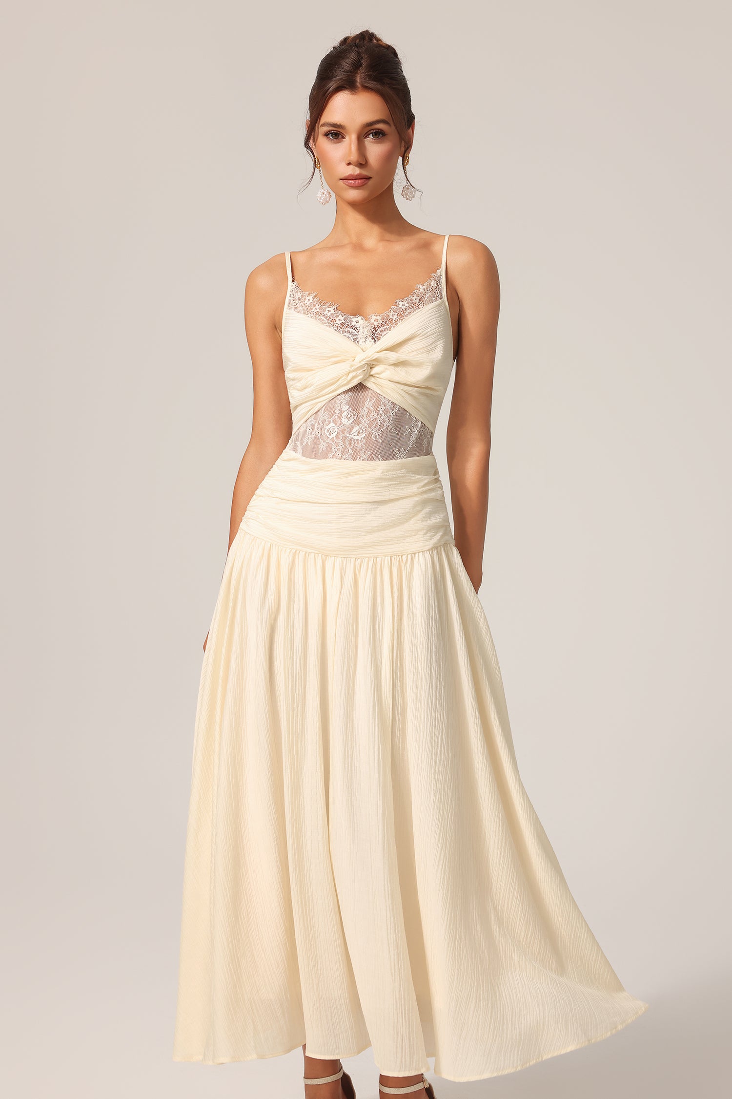 Poppy Halter Folds Flowers Lace Maxi Dress