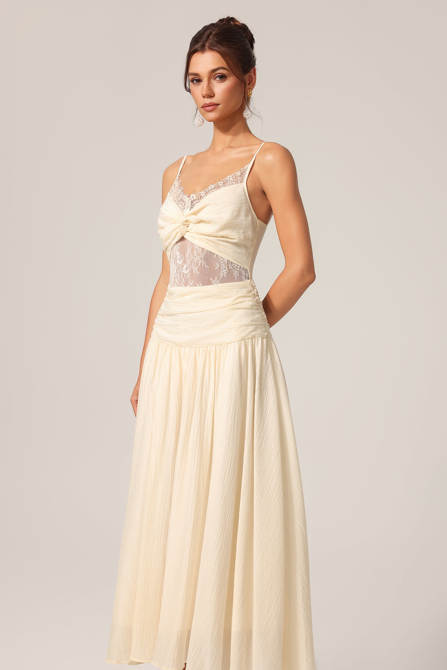 Poppy Halter Folds Flowers Lace Maxi Dress