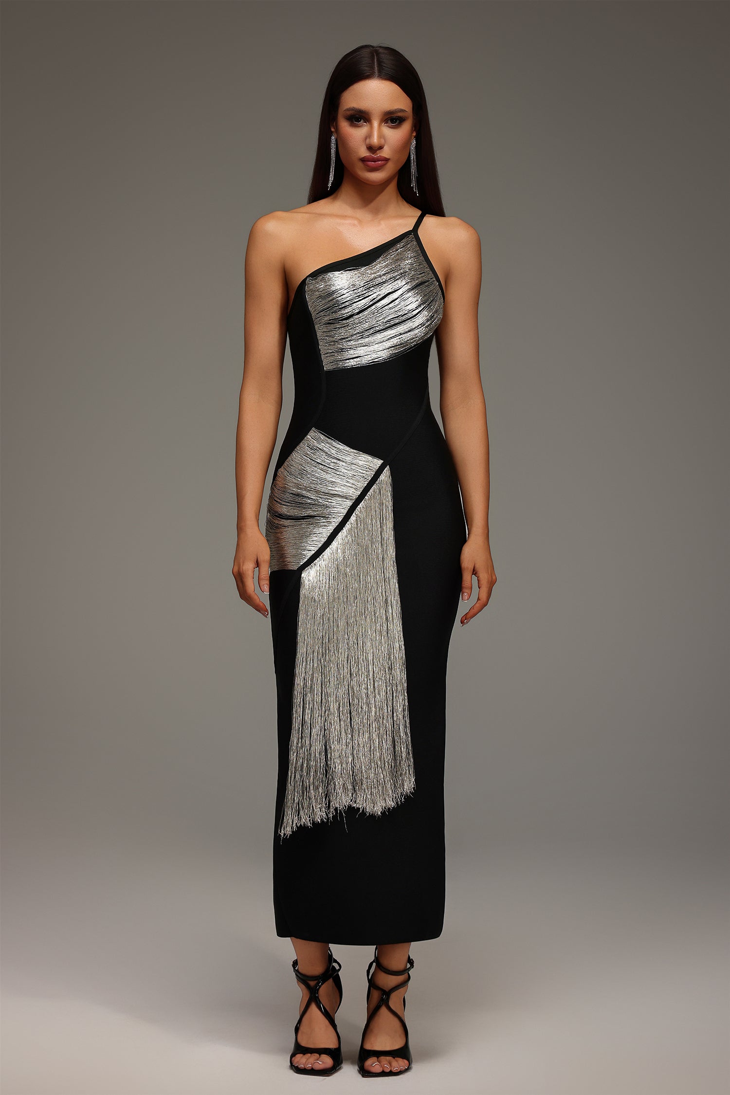 Roanna One Shoulder Sleeveless Tassels Bandage Maxi Dress