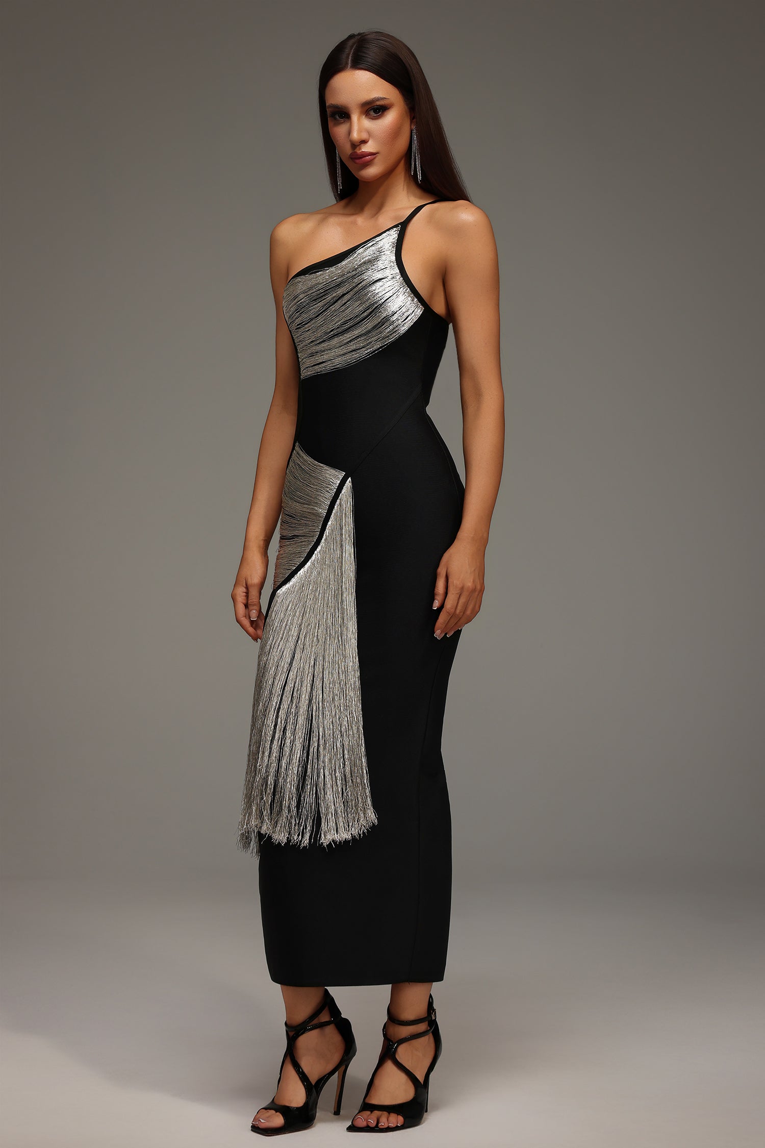 Roanna One Shoulder Sleeveless Tassels Bandage Maxi Dress