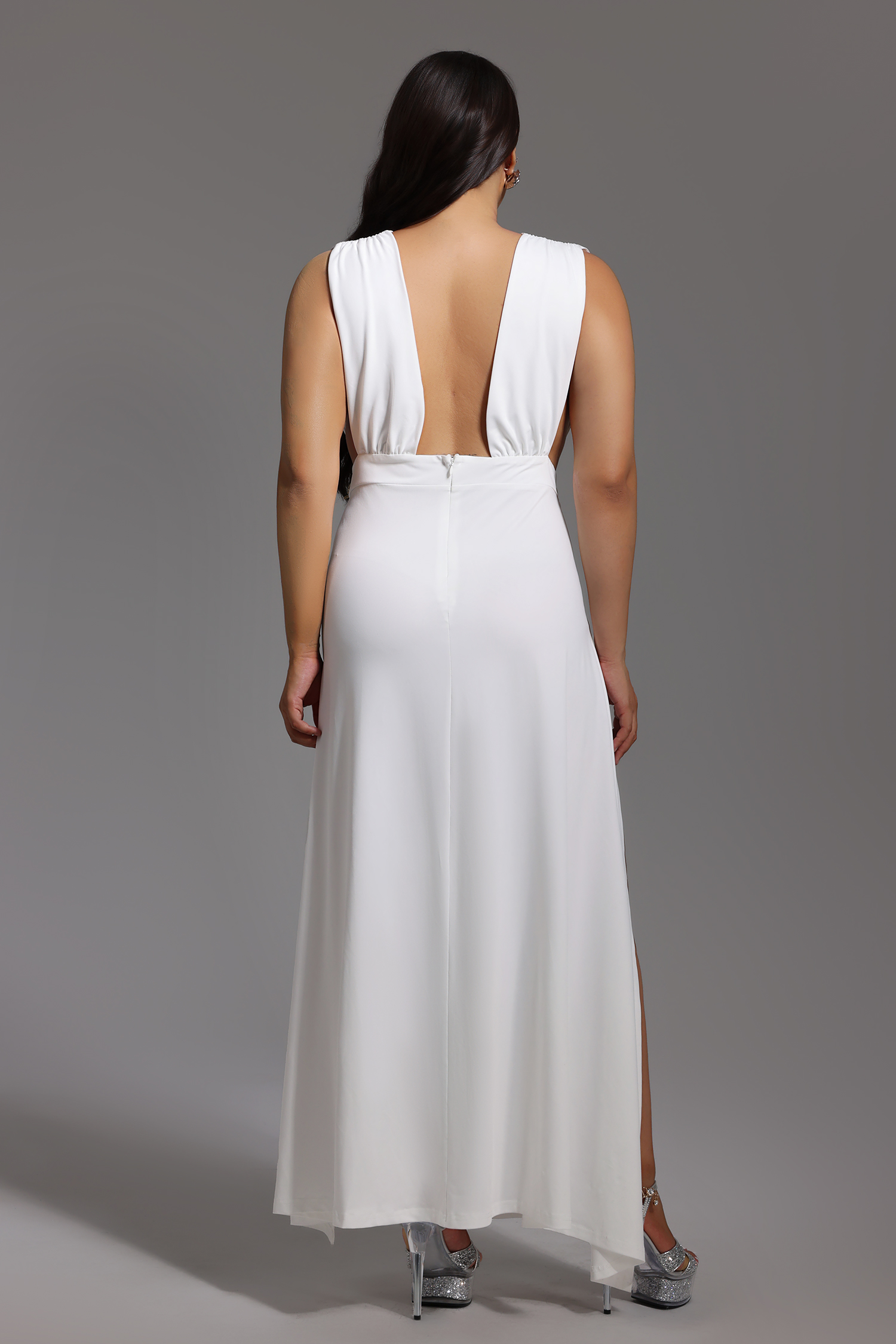 Tada Deep-V Flowers High Slit Maxi Dress