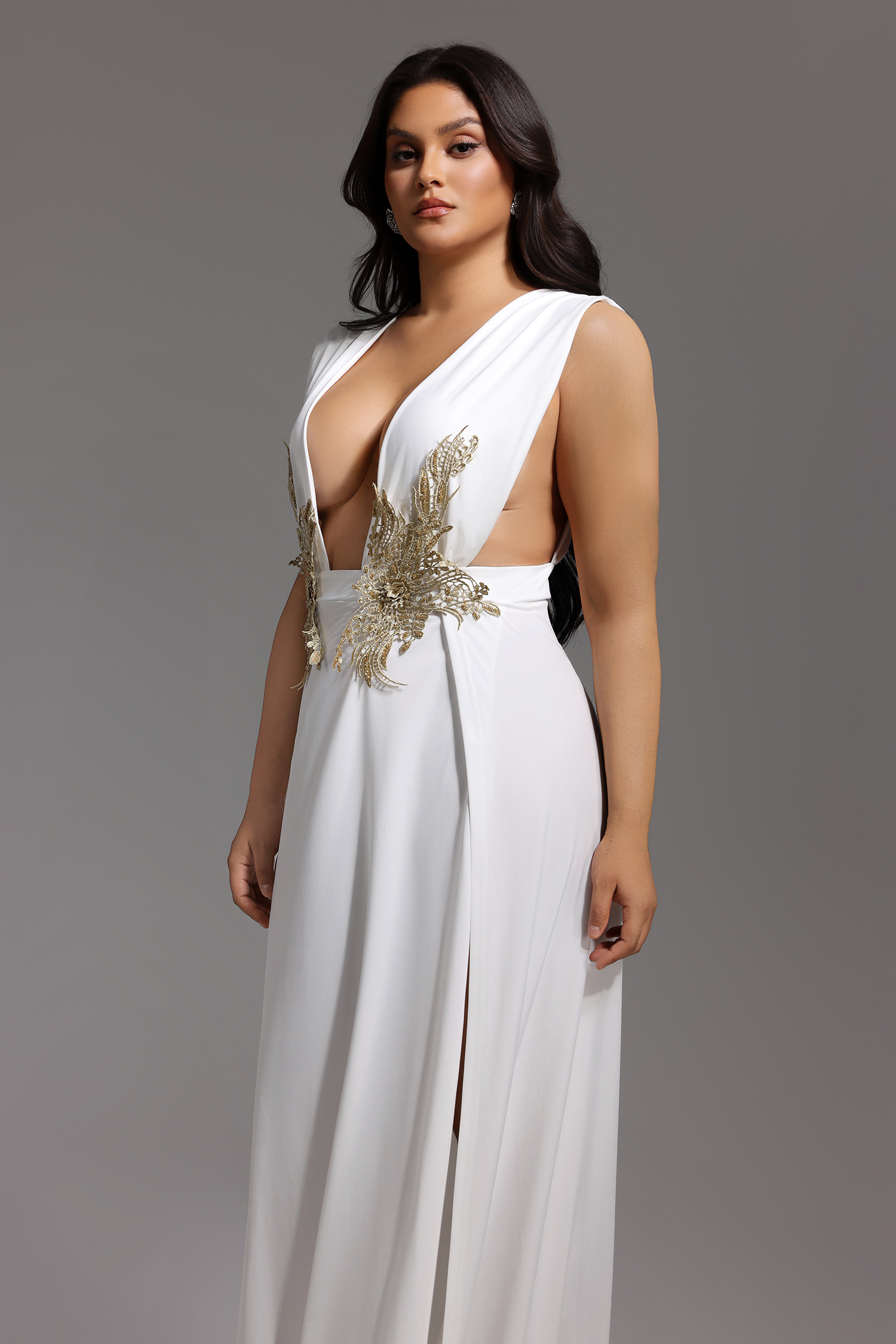 Tada Deep-V Flowers High Slit Maxi Dress