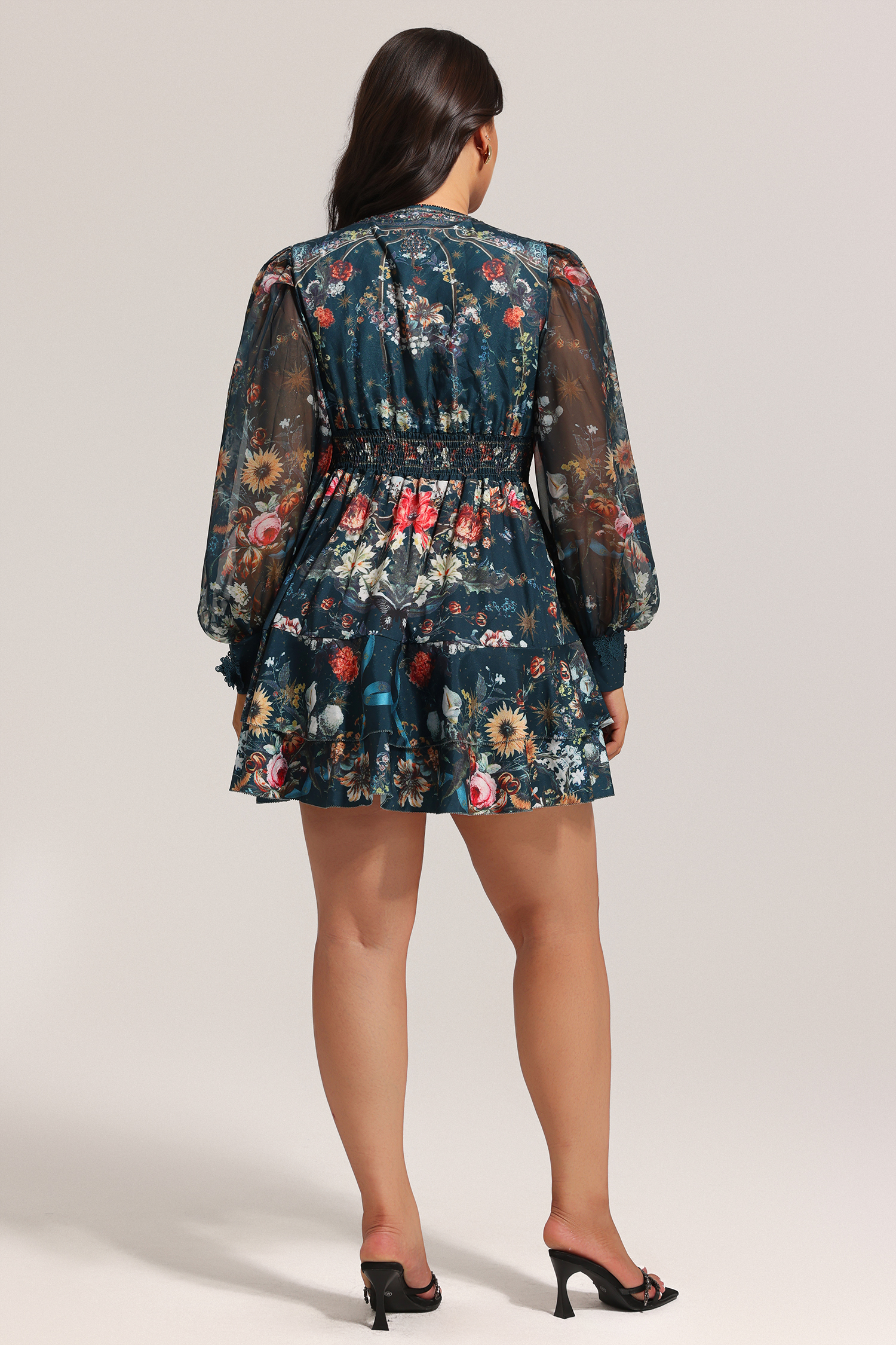 Lina V-Neck Floral Printed Long Sleeves Mini Dress