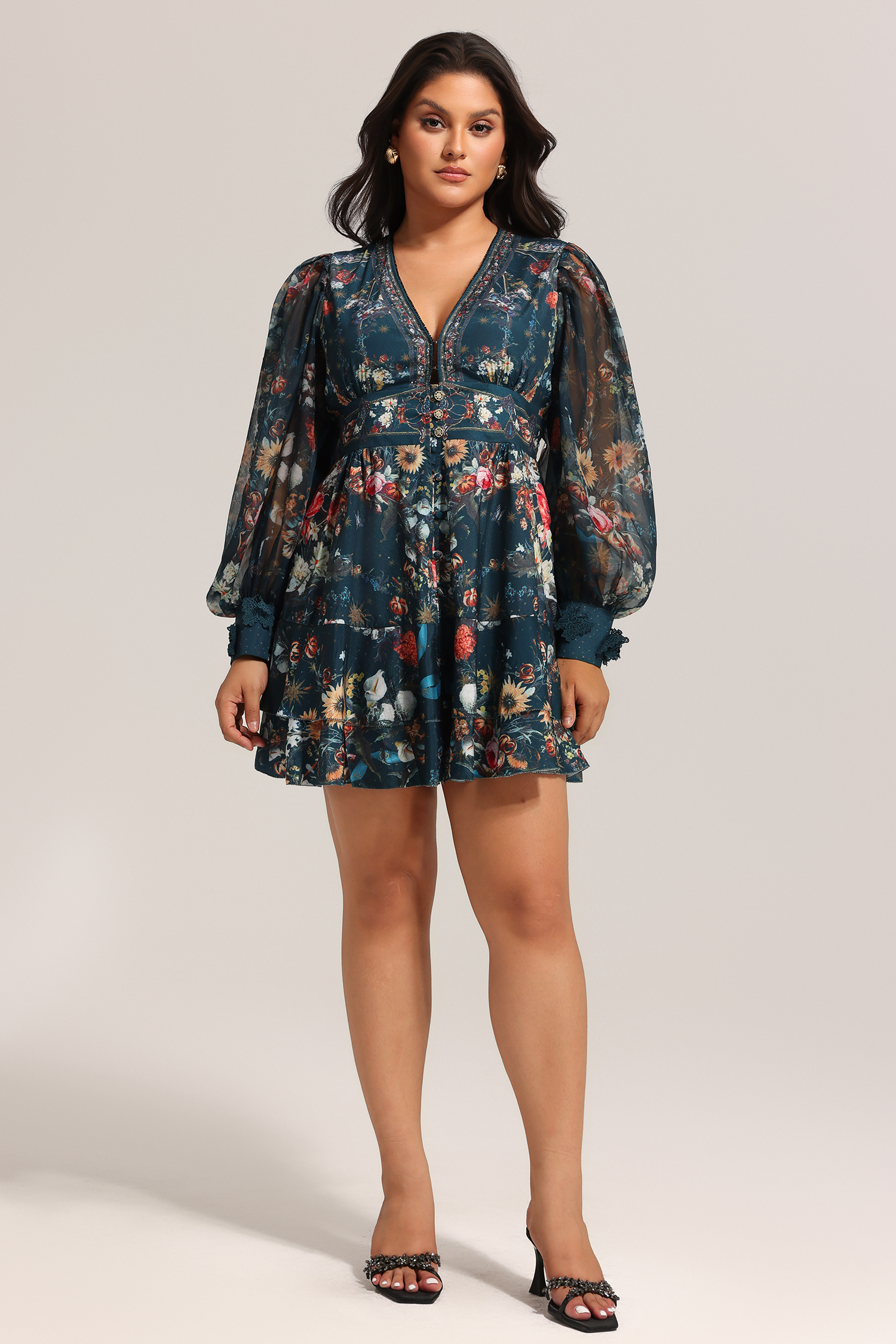 Lina V-Neck Floral Printed Long Sleeves Mini Dress