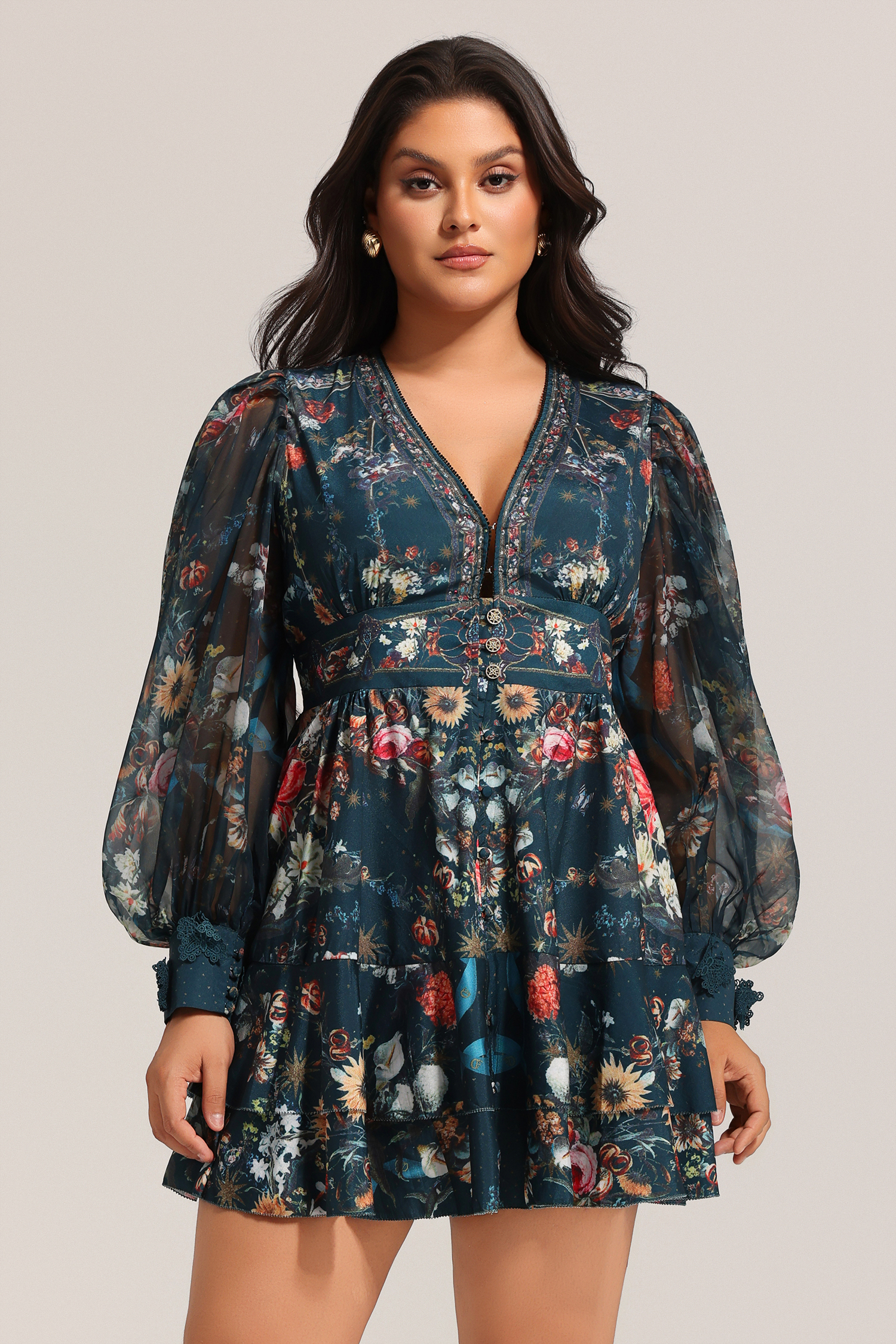 Lina V-Neck Floral Printed Long Sleeves Mini Dress