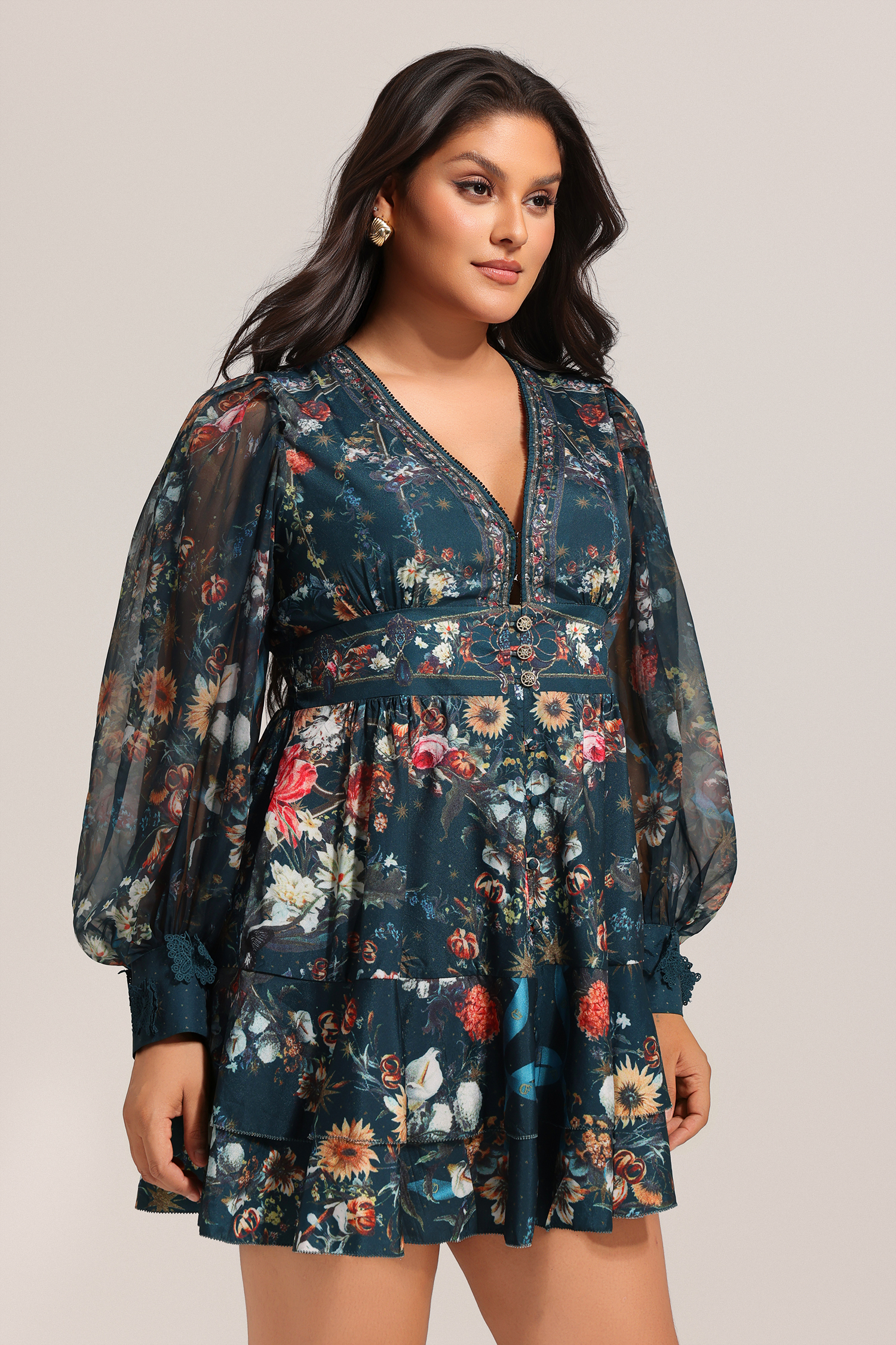Lina V-Neck Floral Printed Long Sleeves Mini Dress
