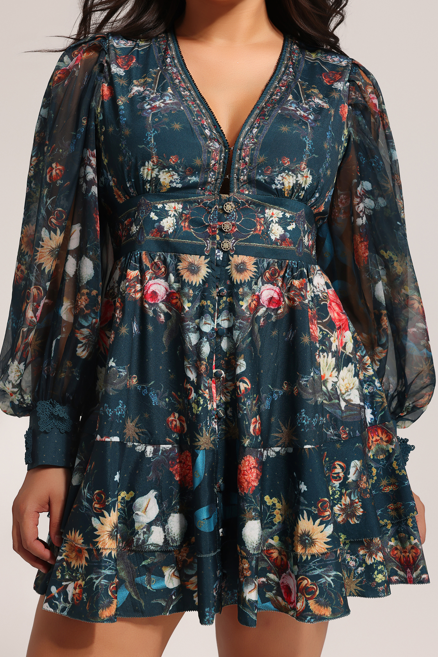 Lina V-Neck Floral Printed Long Sleeves Mini Dress