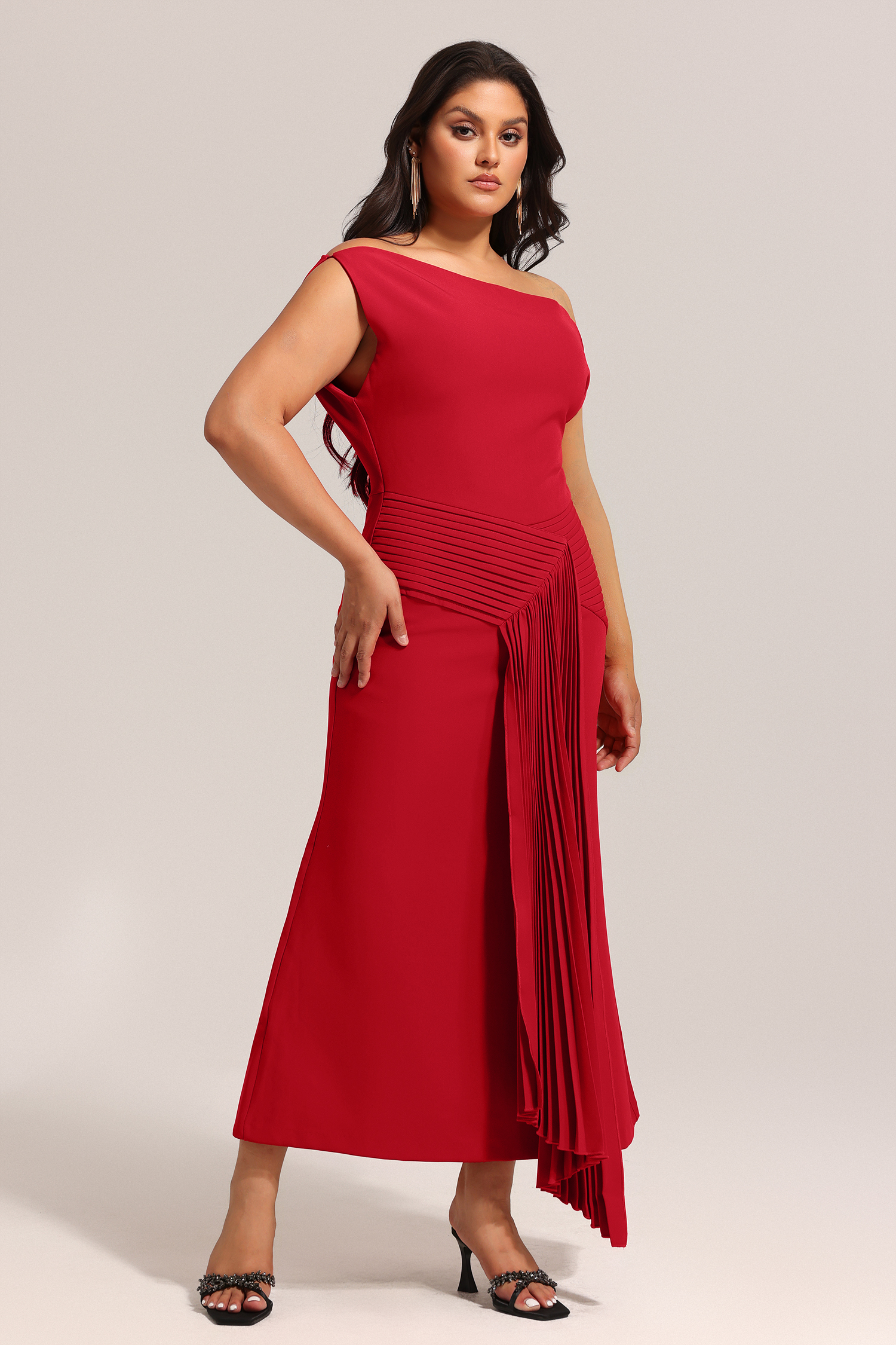 Jillian Oblique Shoulder Sleeveless Folds Midi Dress