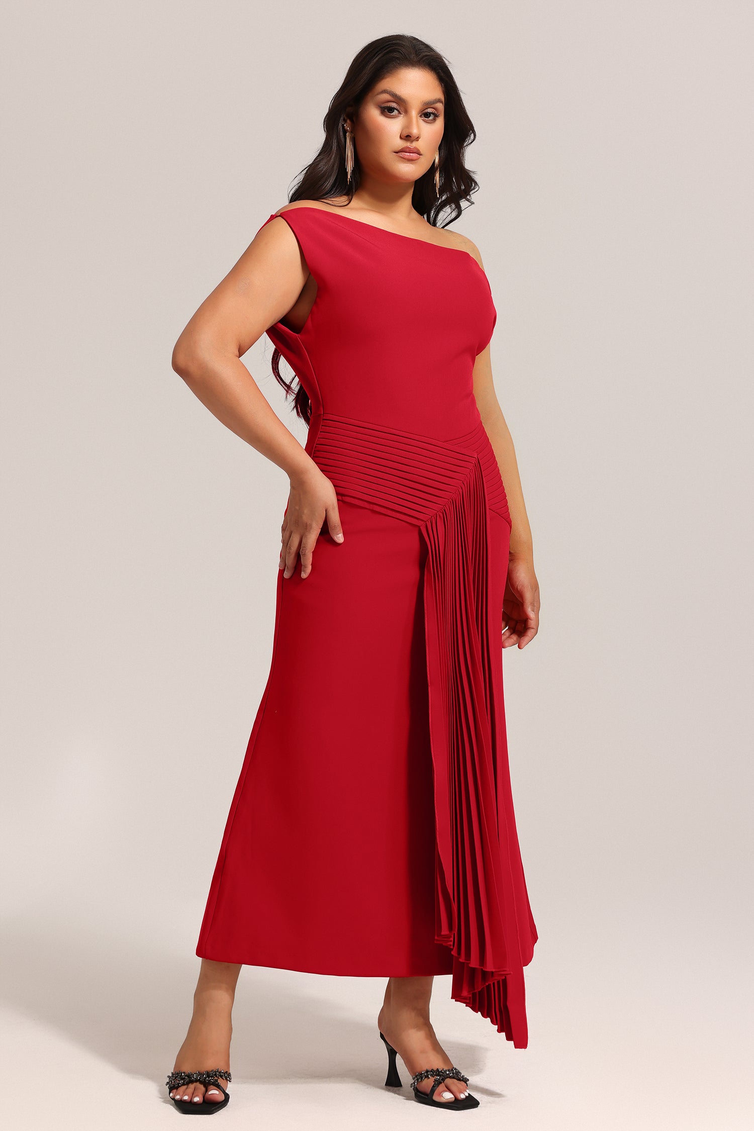 Jillian Oblique Shoulder Sleeveless Folds Midi Dress