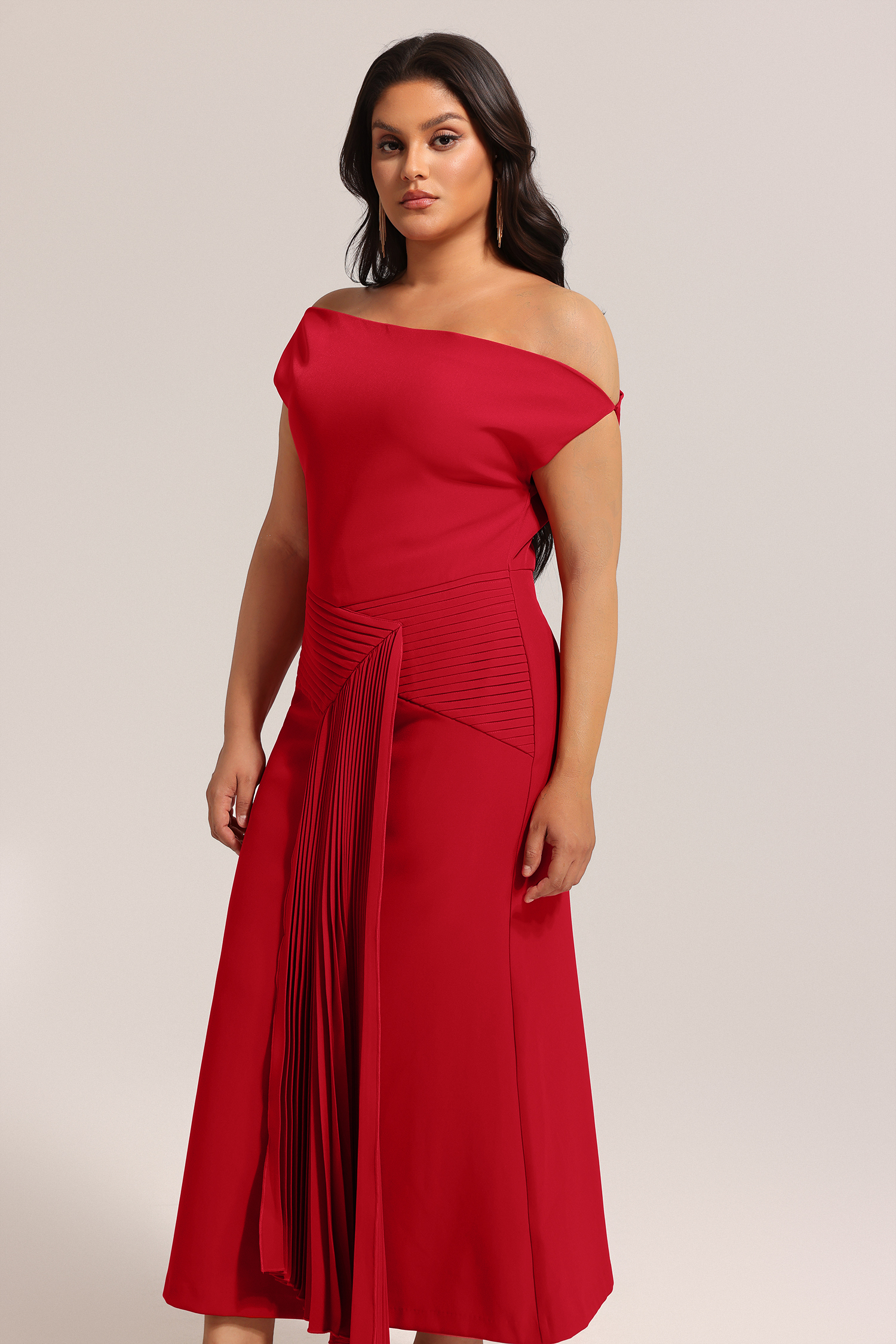 Jillian Oblique Shoulder Sleeveless Folds Midi Dress