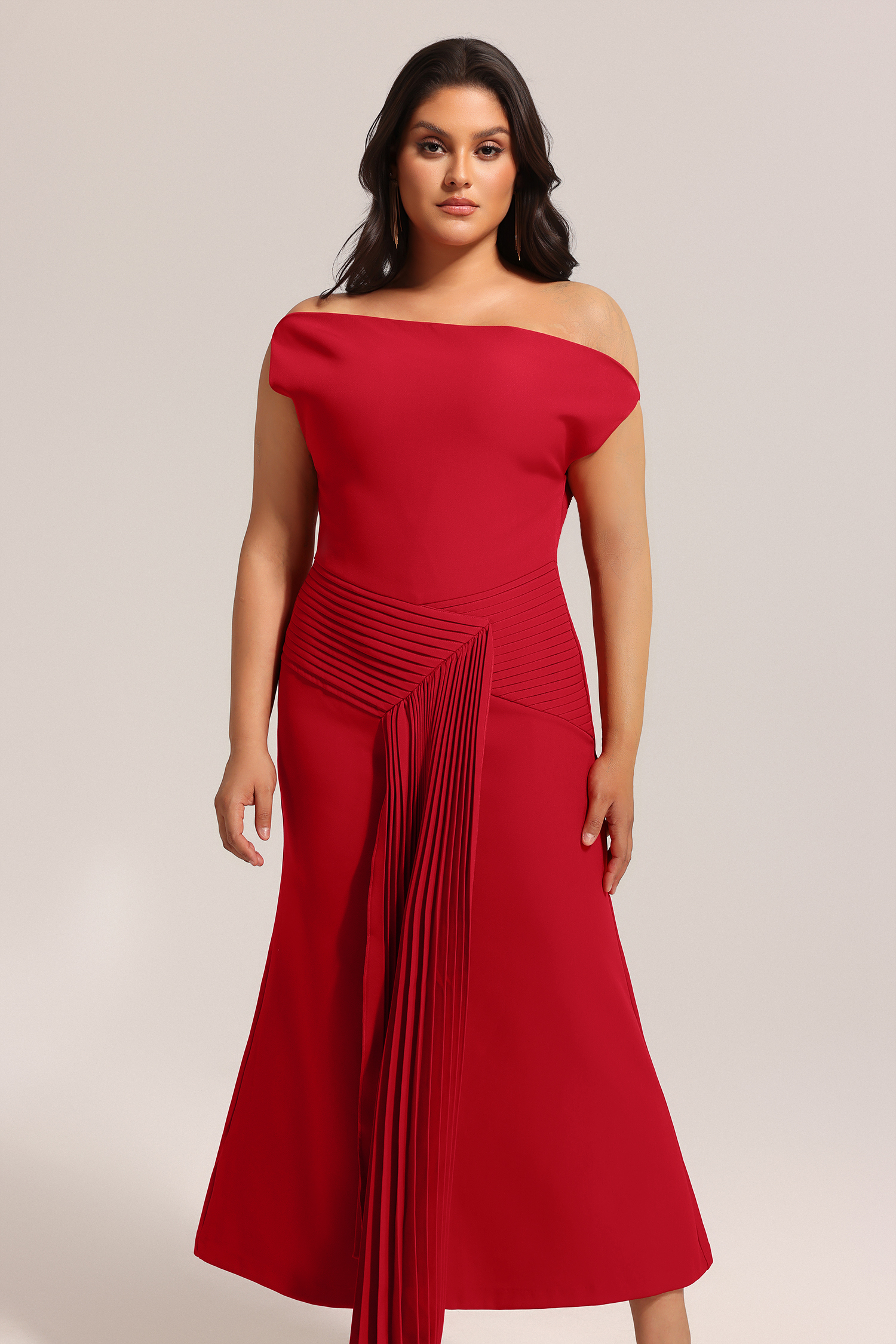 Jillian Oblique Shoulder Sleeveless Folds Midi Dress
